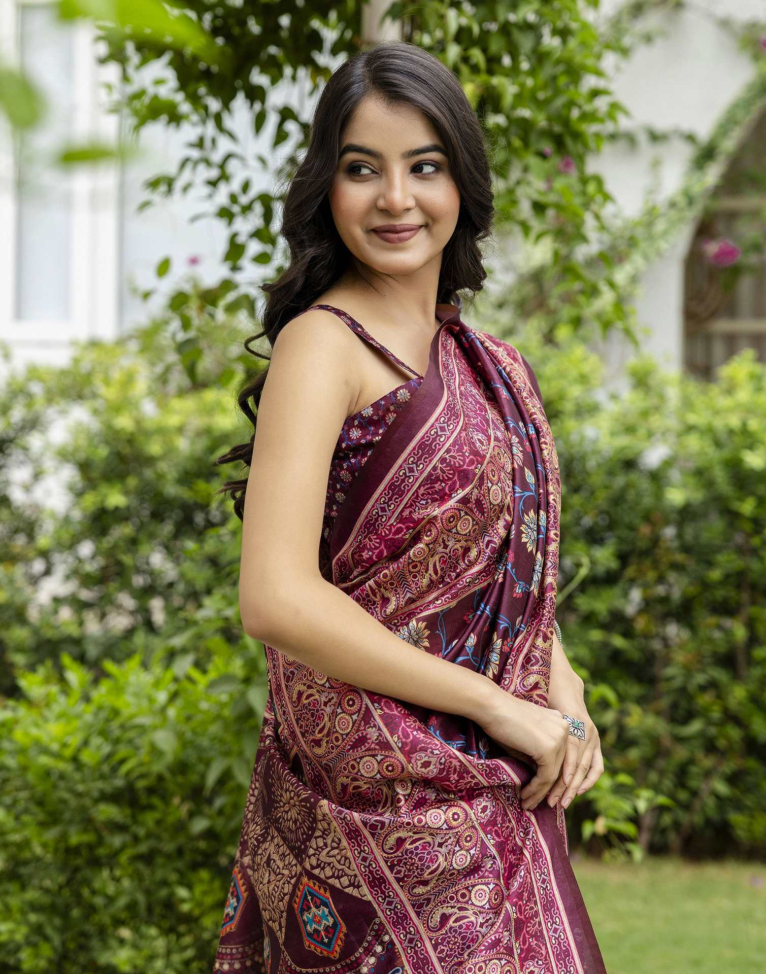 Dark Wine Silk Floral Printed Saree