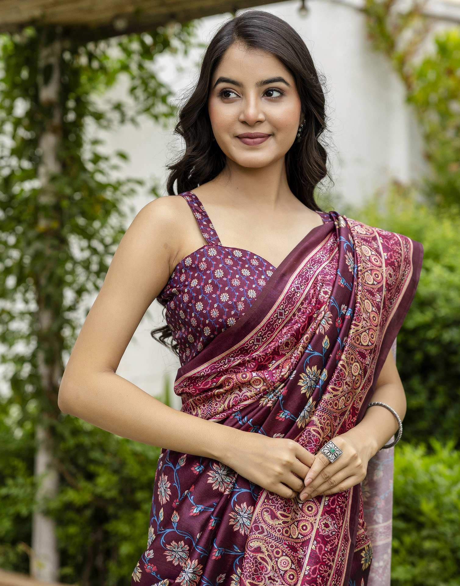 Dark Wine Silk Floral Printed Saree