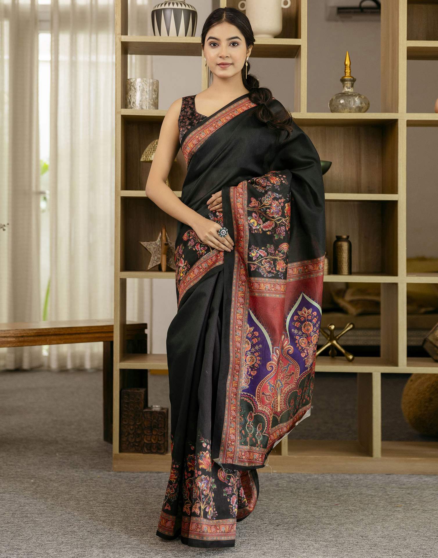Black Silk Floral Printed Saree