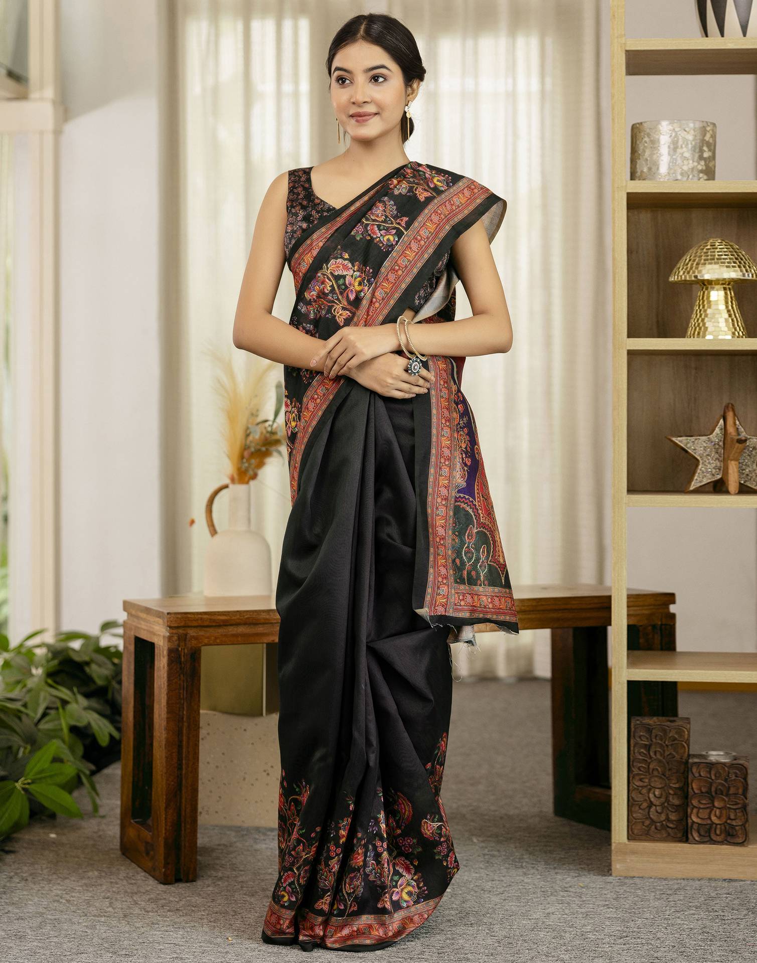 Black Silk Floral Printed Saree