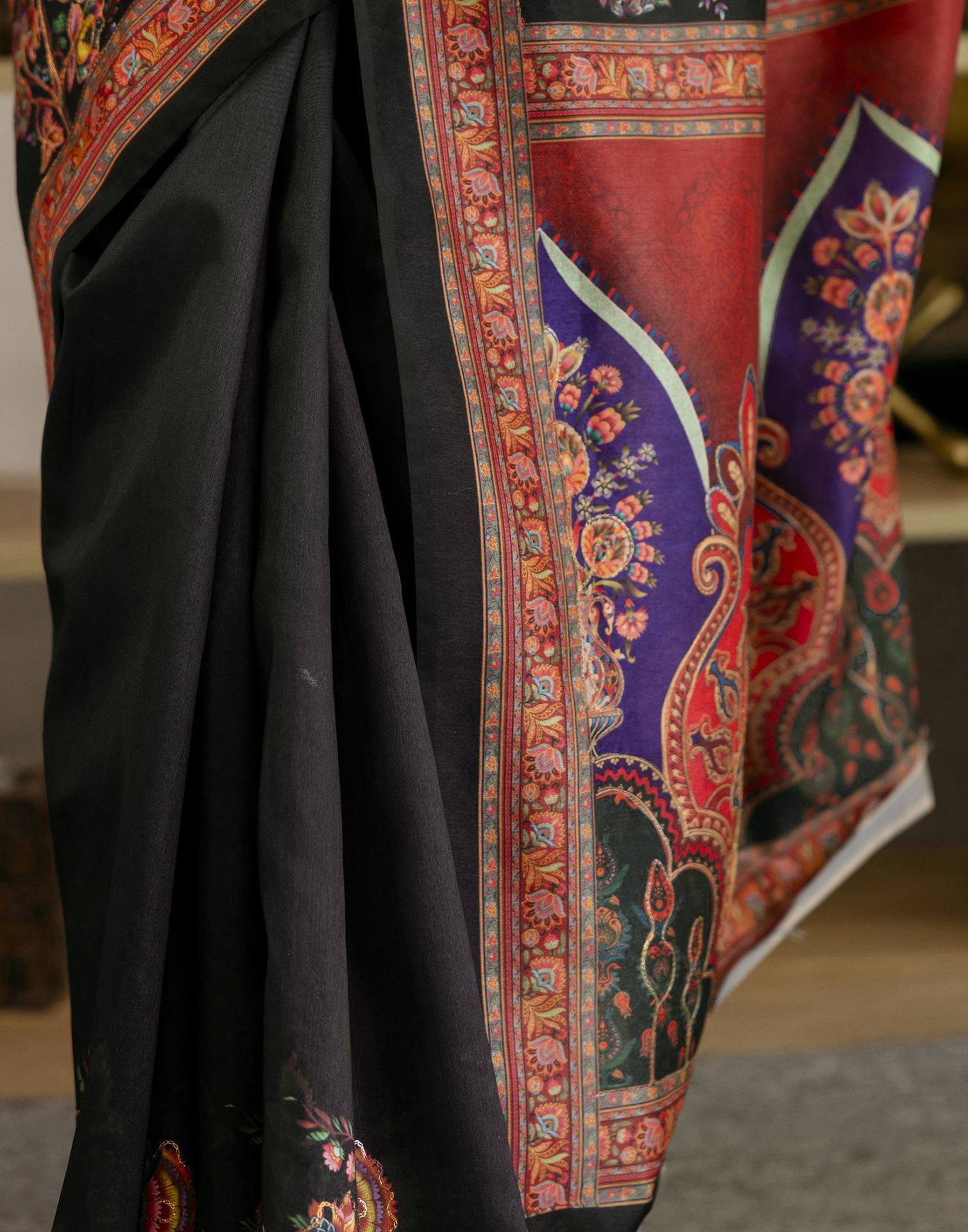 Black Silk Floral Printed Saree