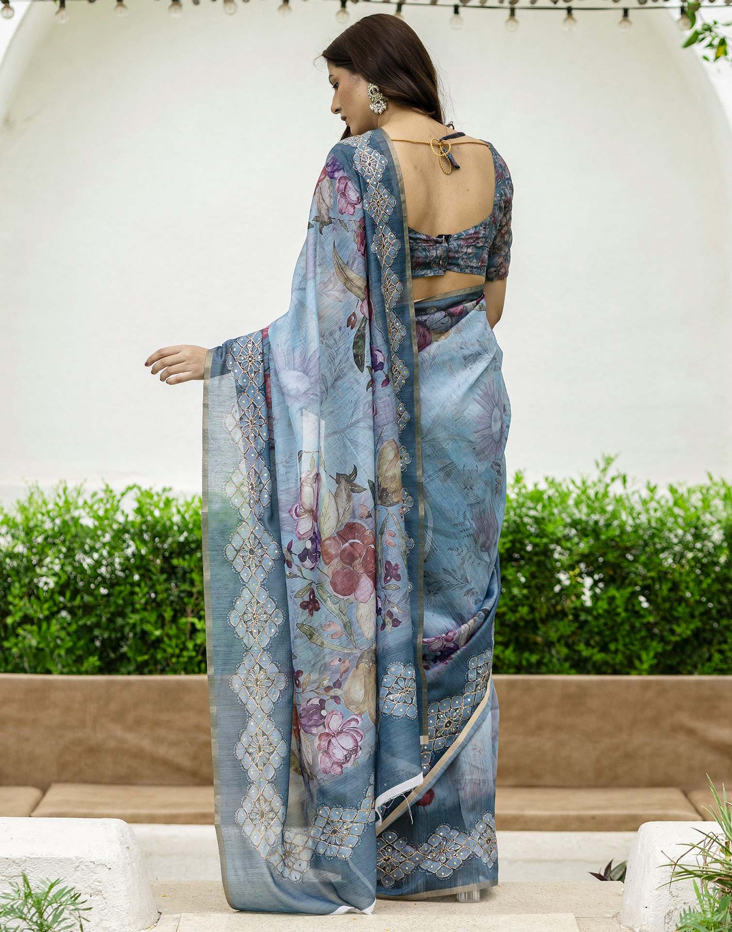 Rama Green Chanderi Floral Printed Saree