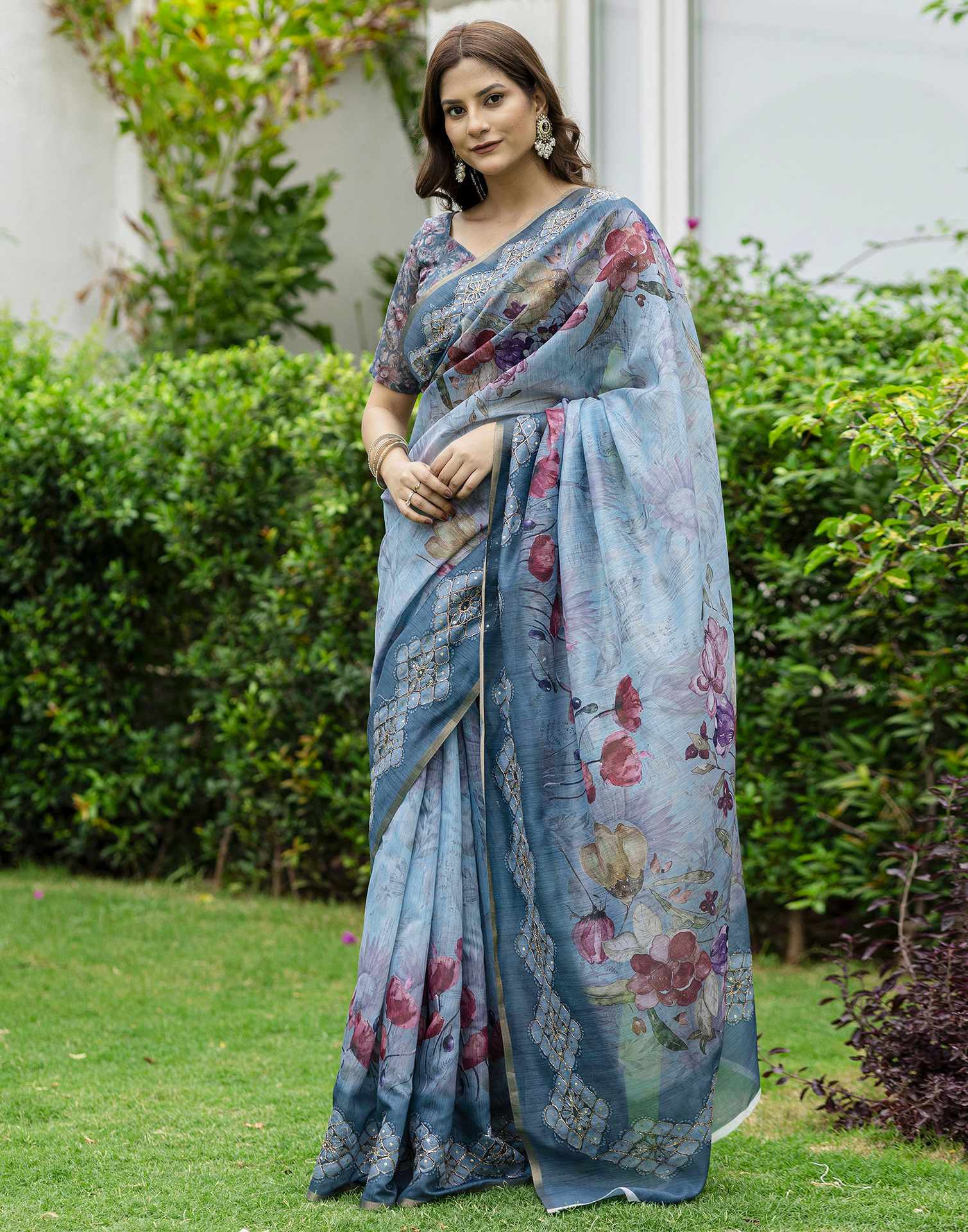 Rama Green Chanderi Floral Printed Saree