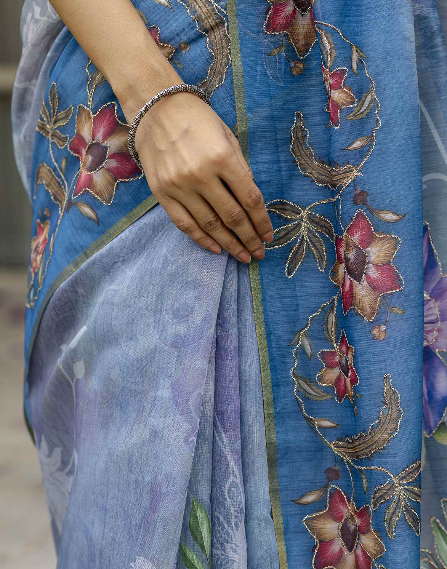 Blue Chanderi Floral Printed Saree