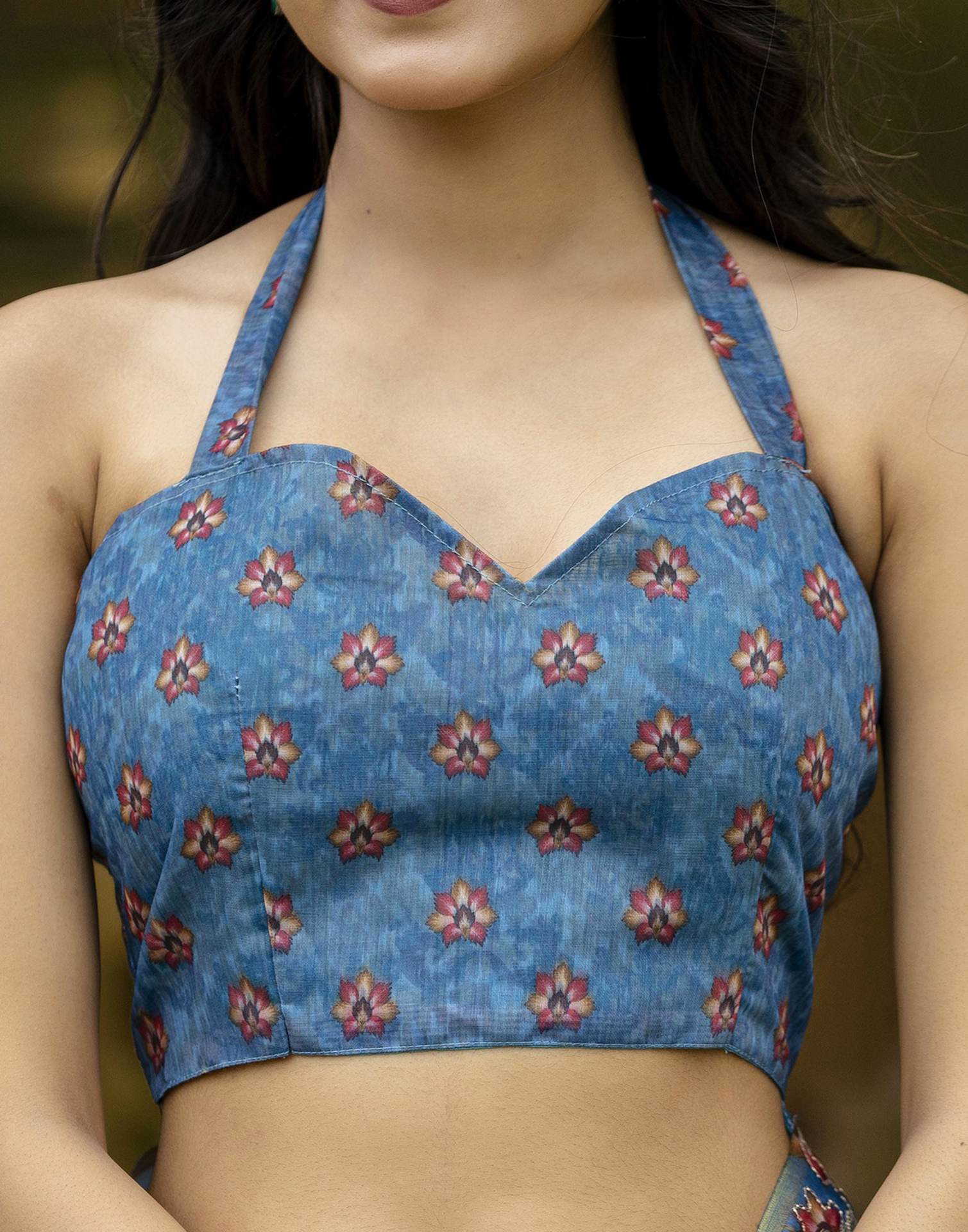 Blue Chanderi Floral Printed Saree