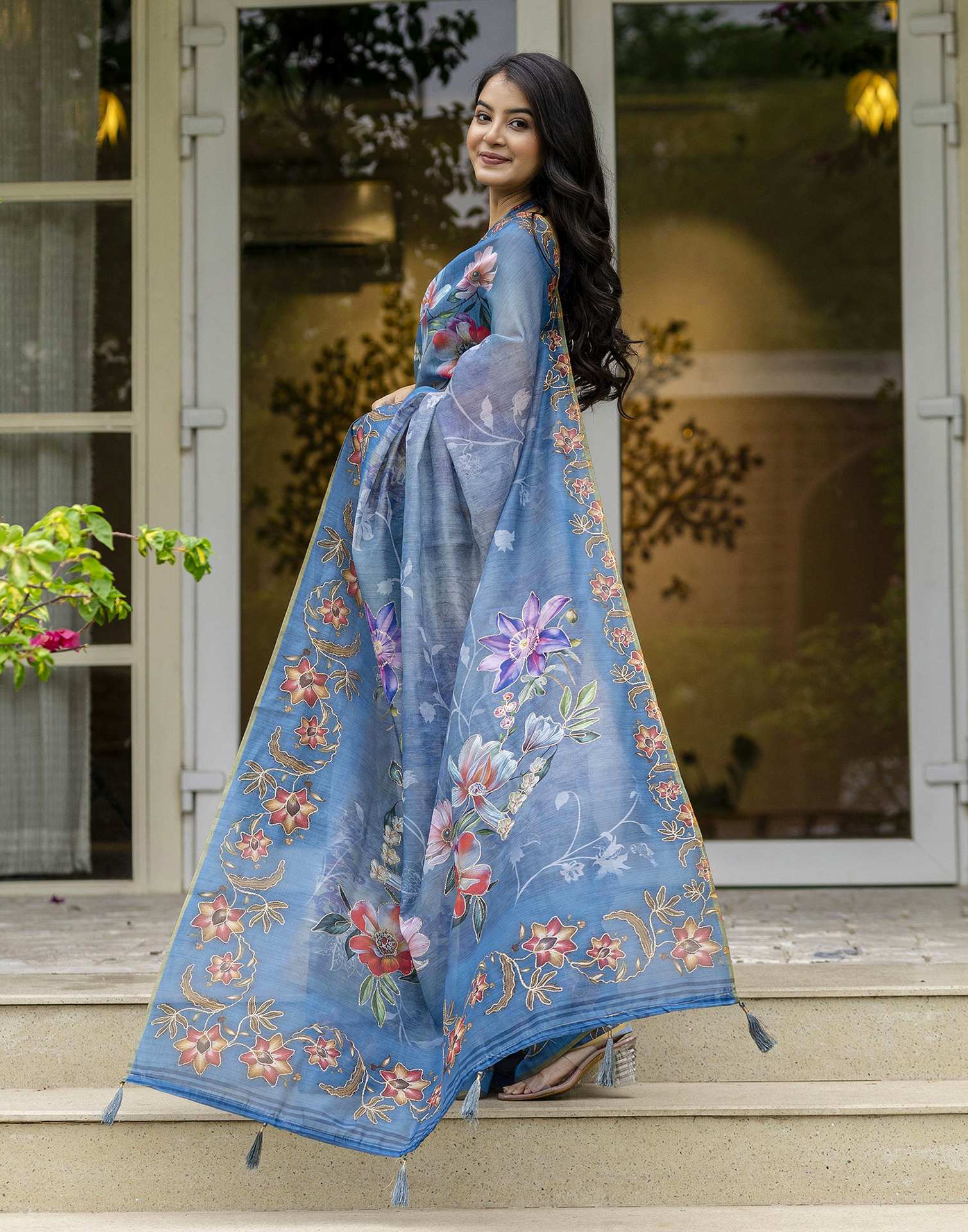 Blue Chanderi Floral Printed Saree
