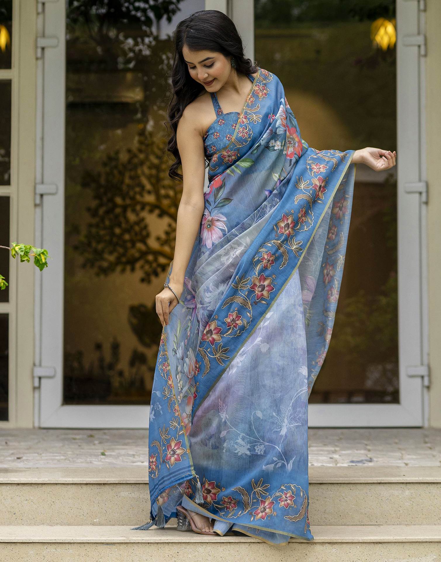 Blue Chanderi Floral Printed Saree