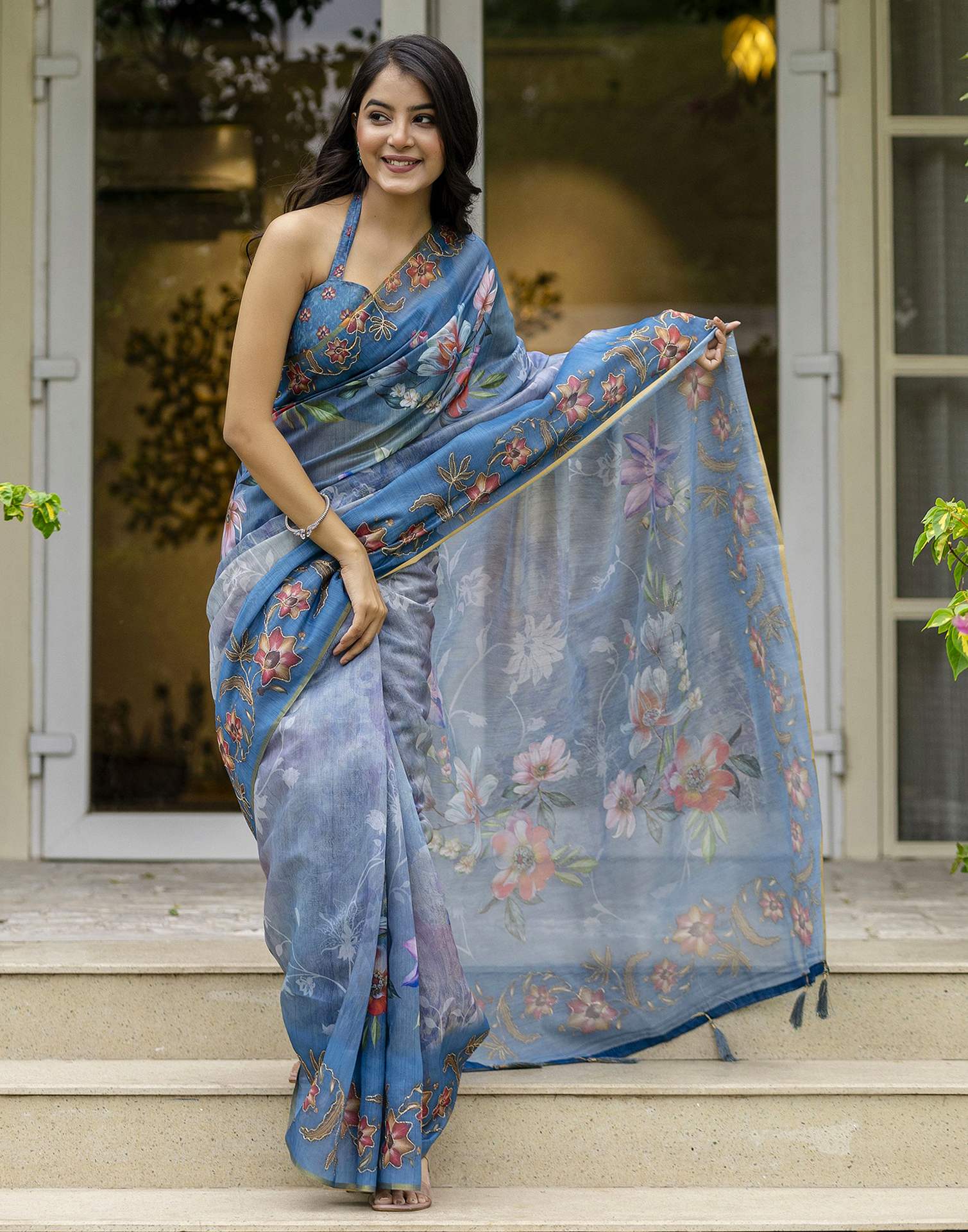 Blue Chanderi Floral Printed Saree