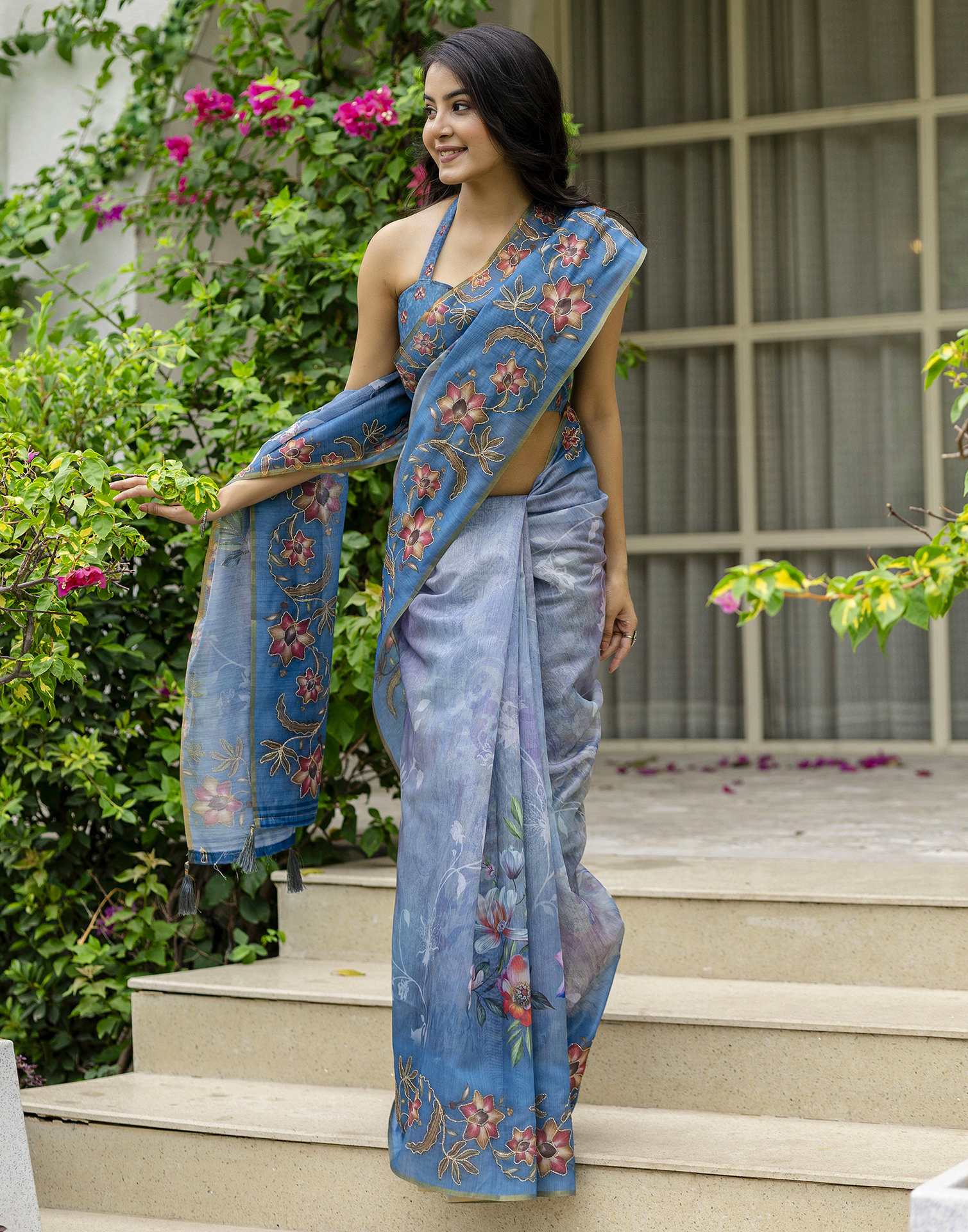 Blue Chanderi Floral Printed Saree