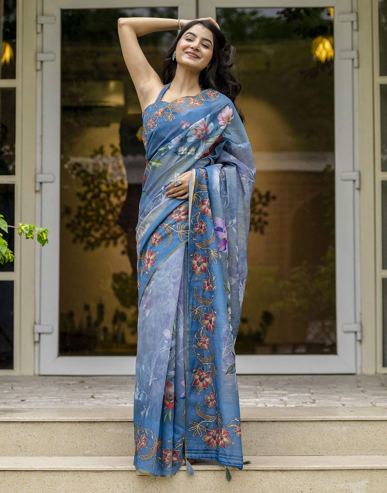 Blue Chanderi Floral Printed Saree