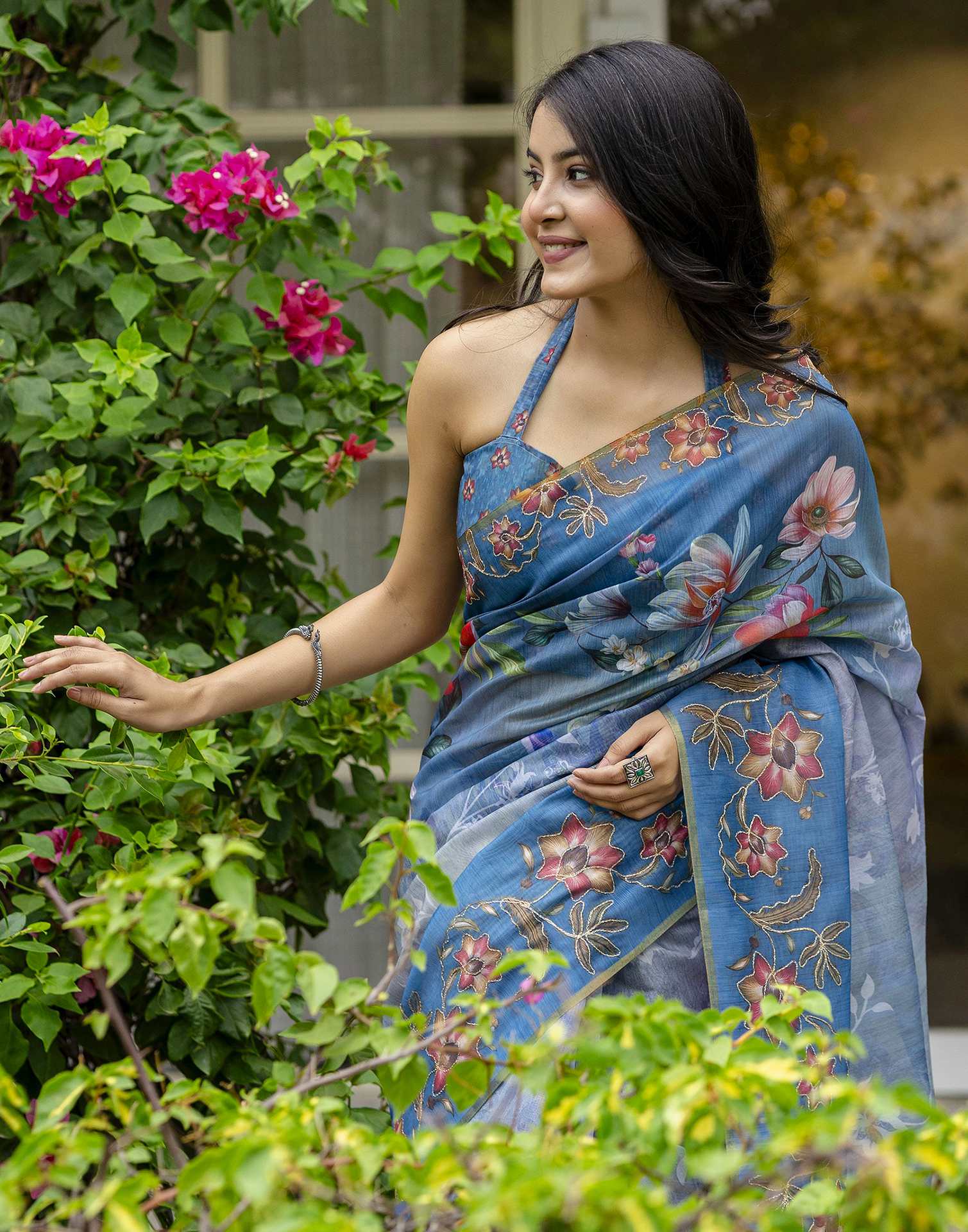 Blue Chanderi Floral Printed Saree