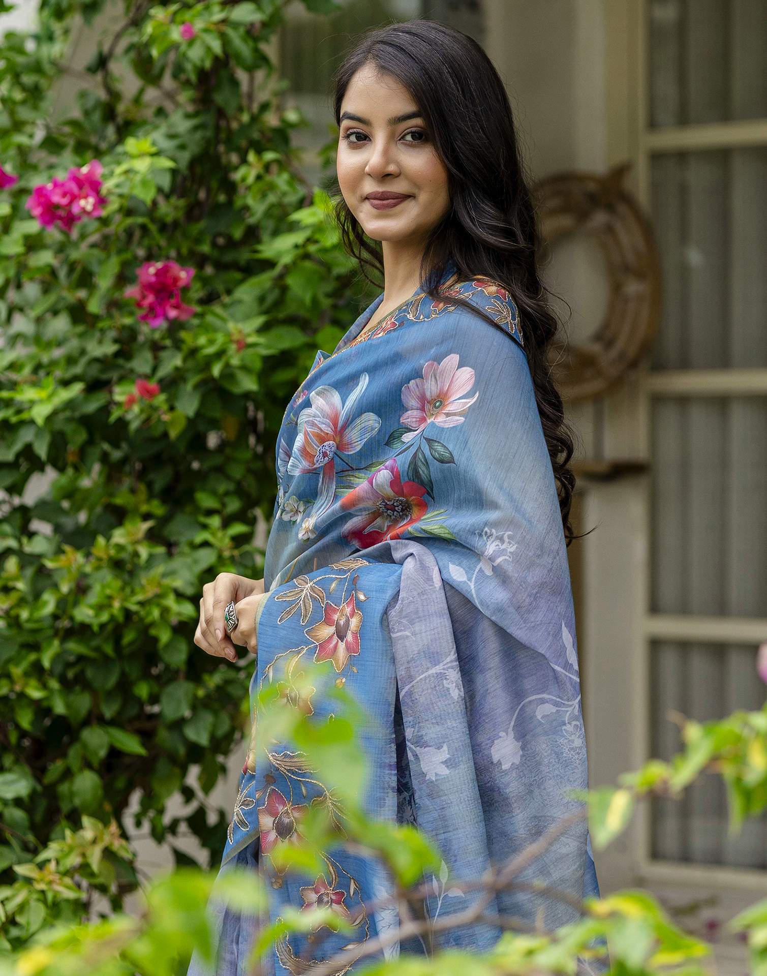 Blue Chanderi Floral Printed Saree