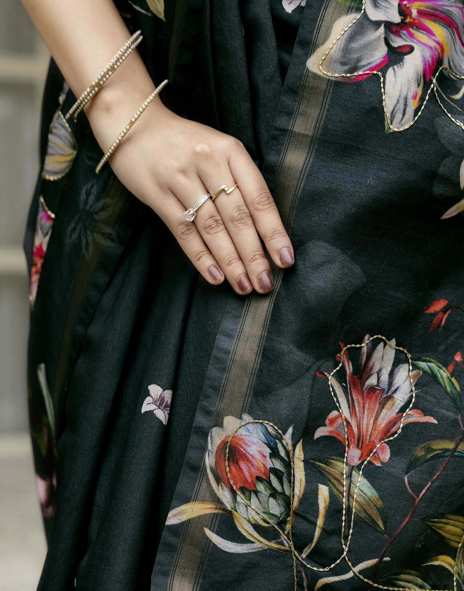 Dark Bottle Green Silk Floral Printed Saree