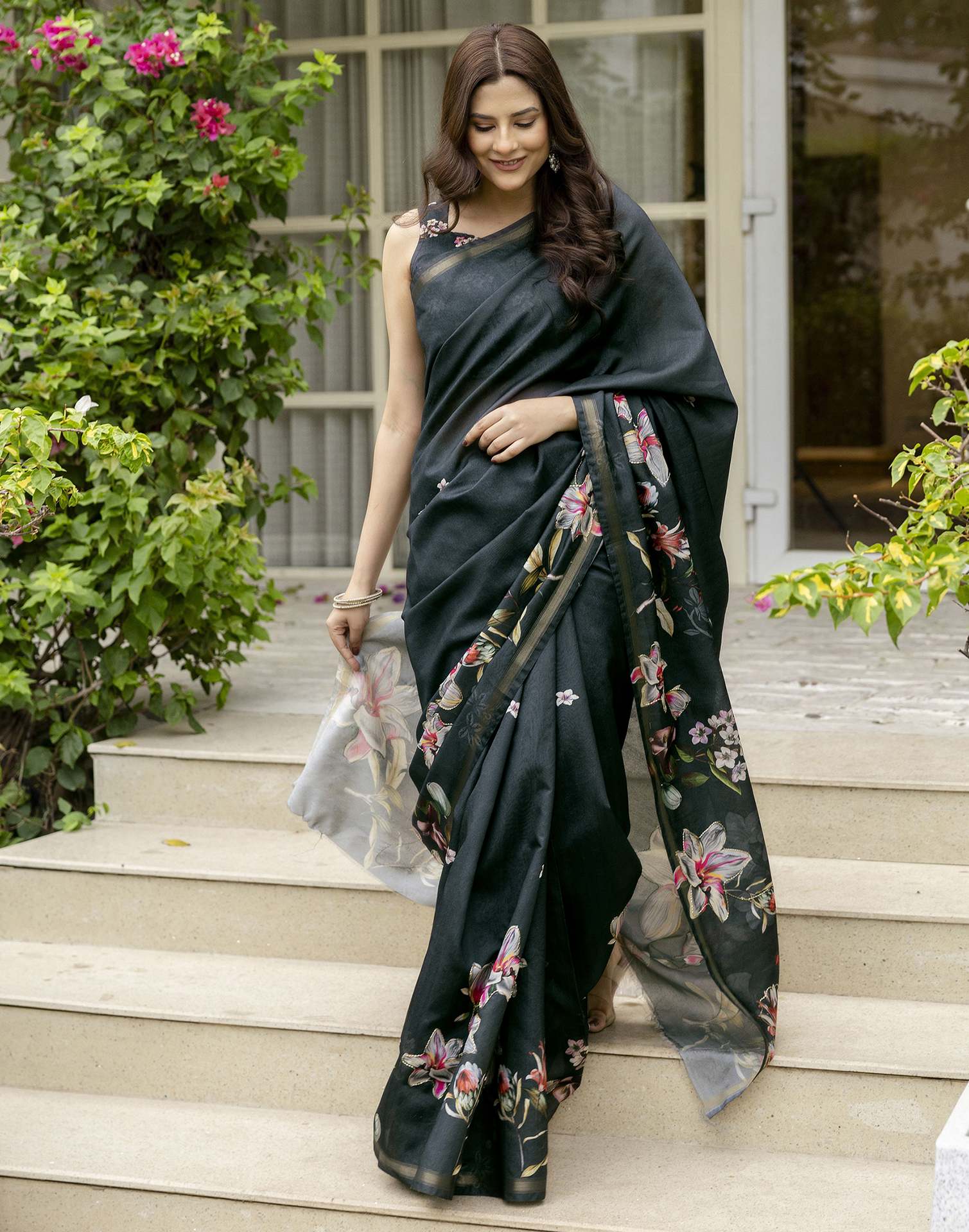 Dark Bottle Green Silk Floral Printed Saree