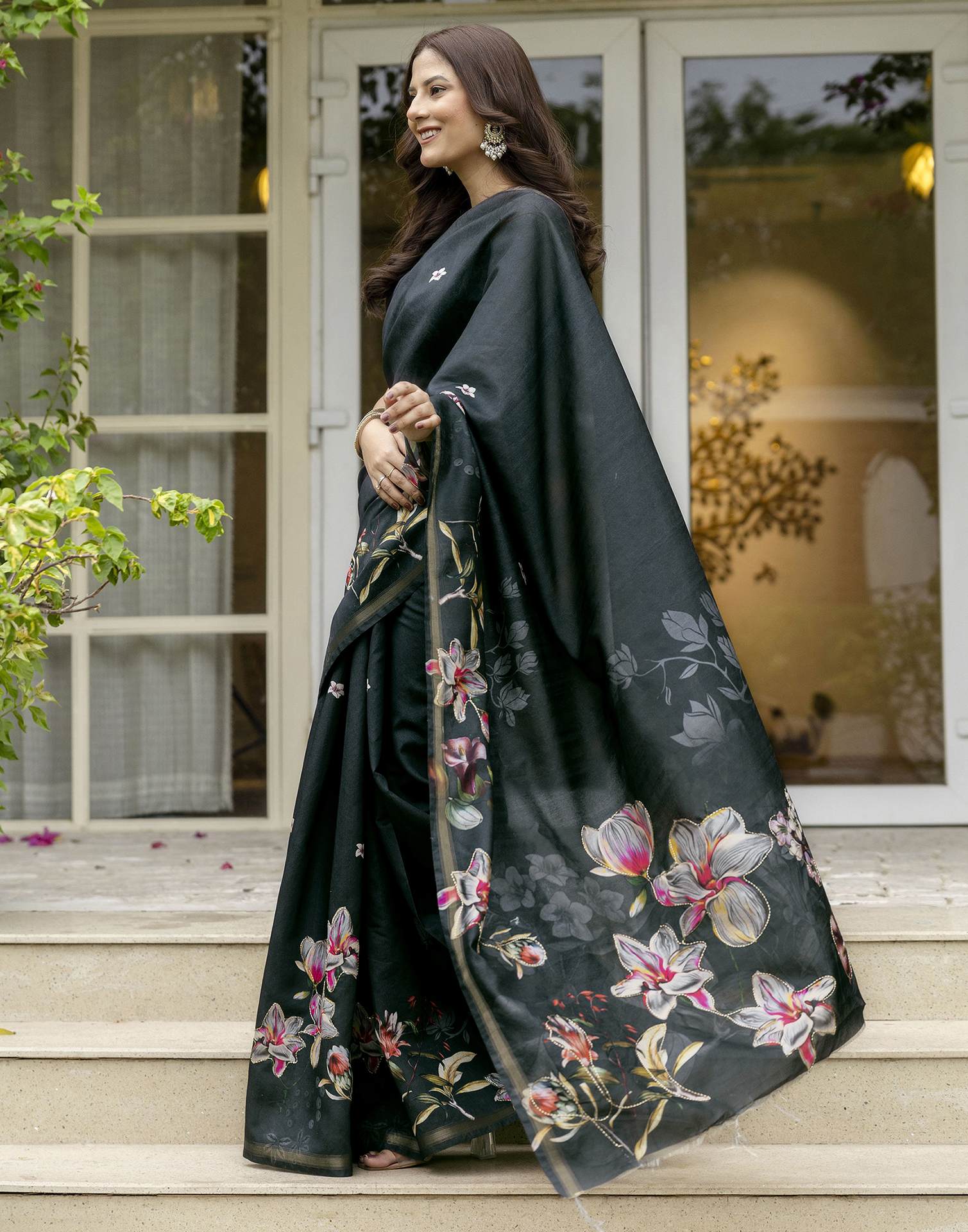 Dark Bottle Green Silk Floral Printed Saree