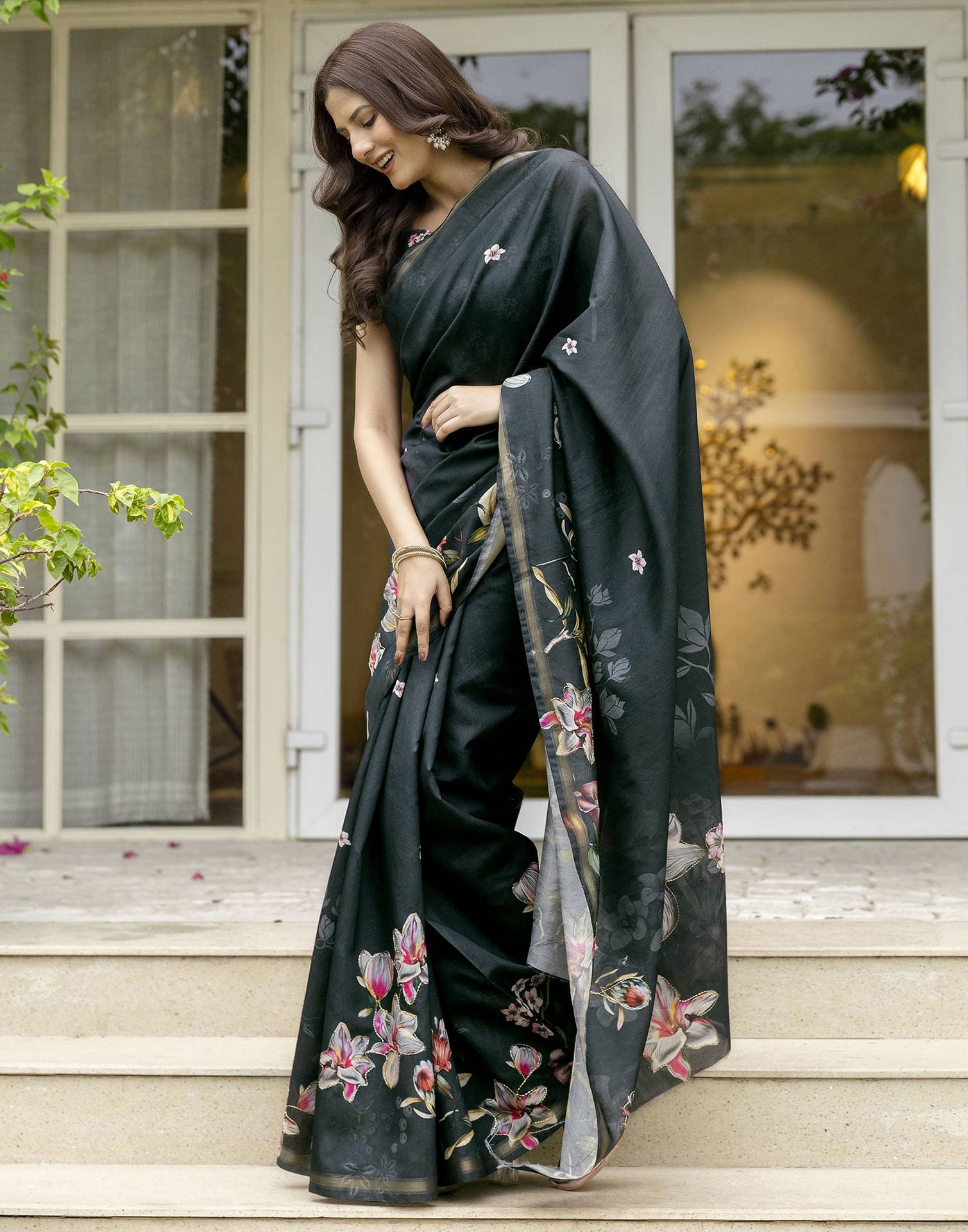 Dark Bottle Green Silk Floral Printed Saree