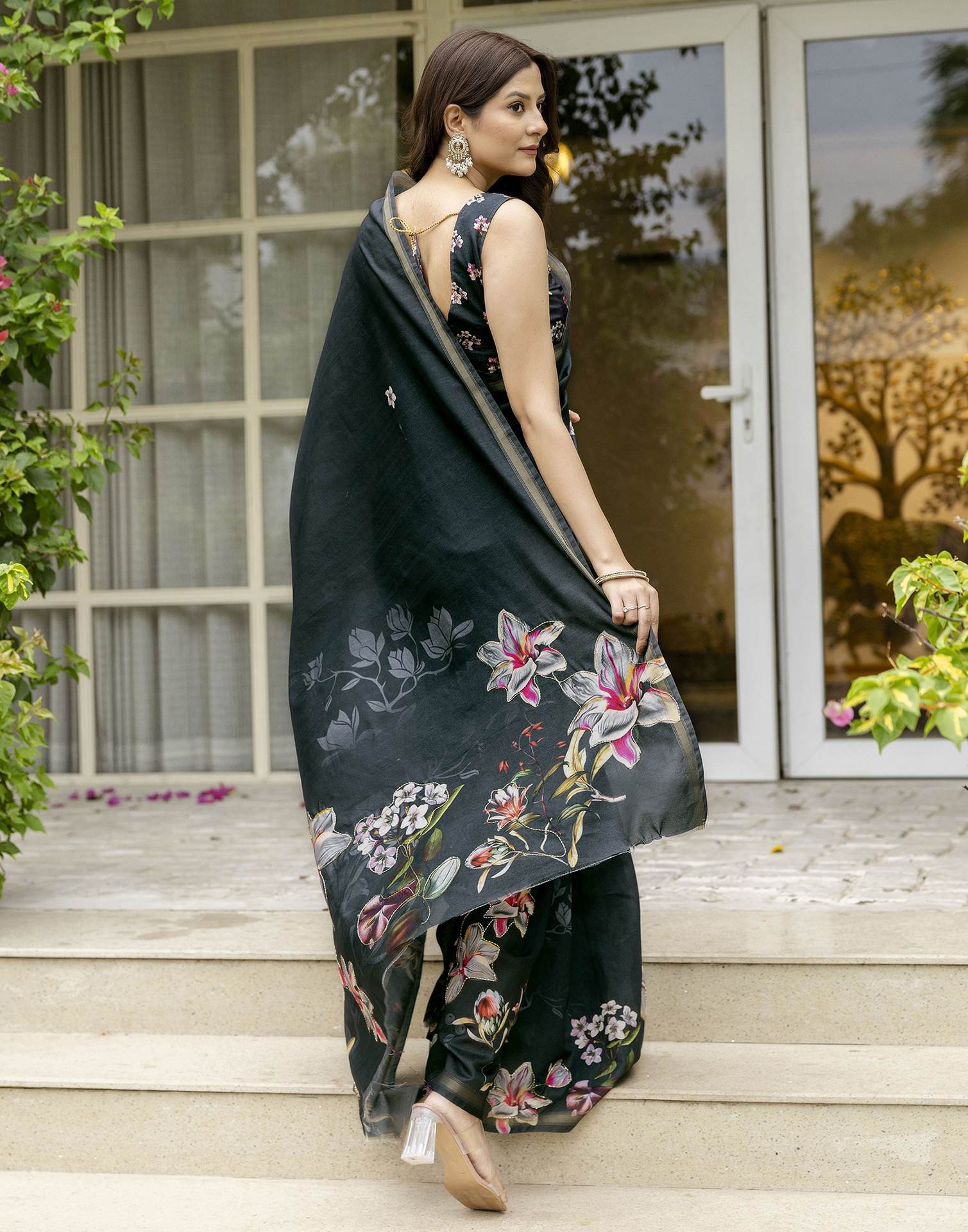 Dark Bottle Green Silk Floral Printed Saree