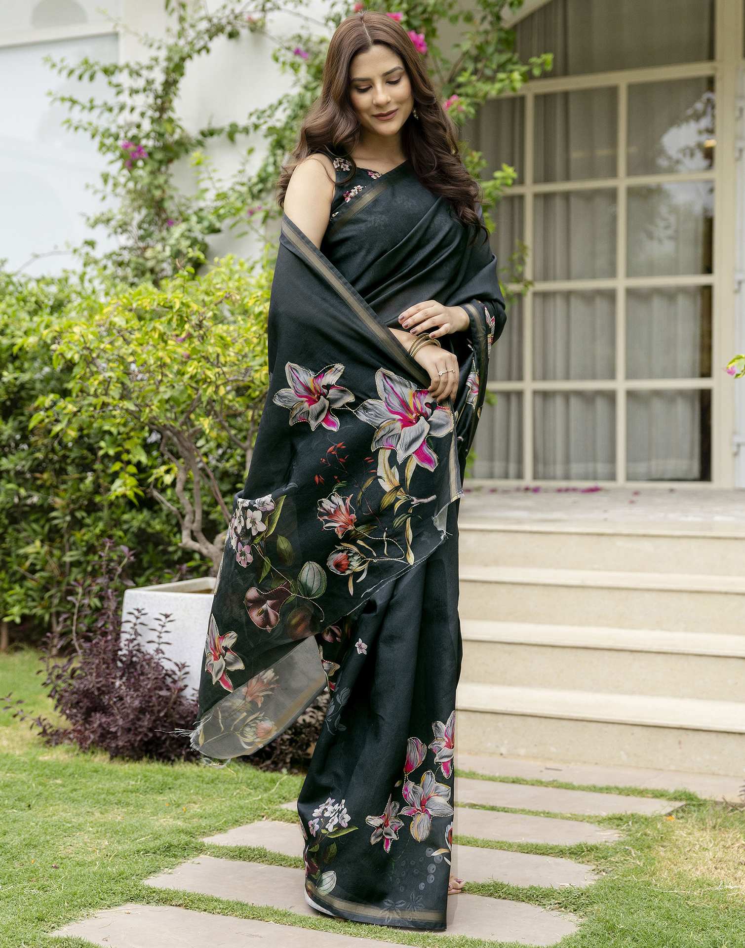 Dark Bottle Green Silk Floral Printed Saree