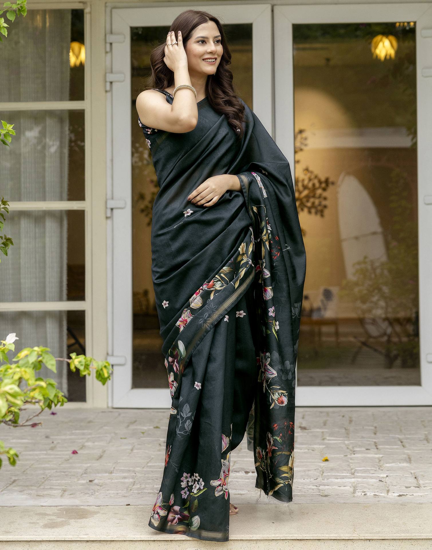 Dark Bottle Green Silk Floral Printed Saree