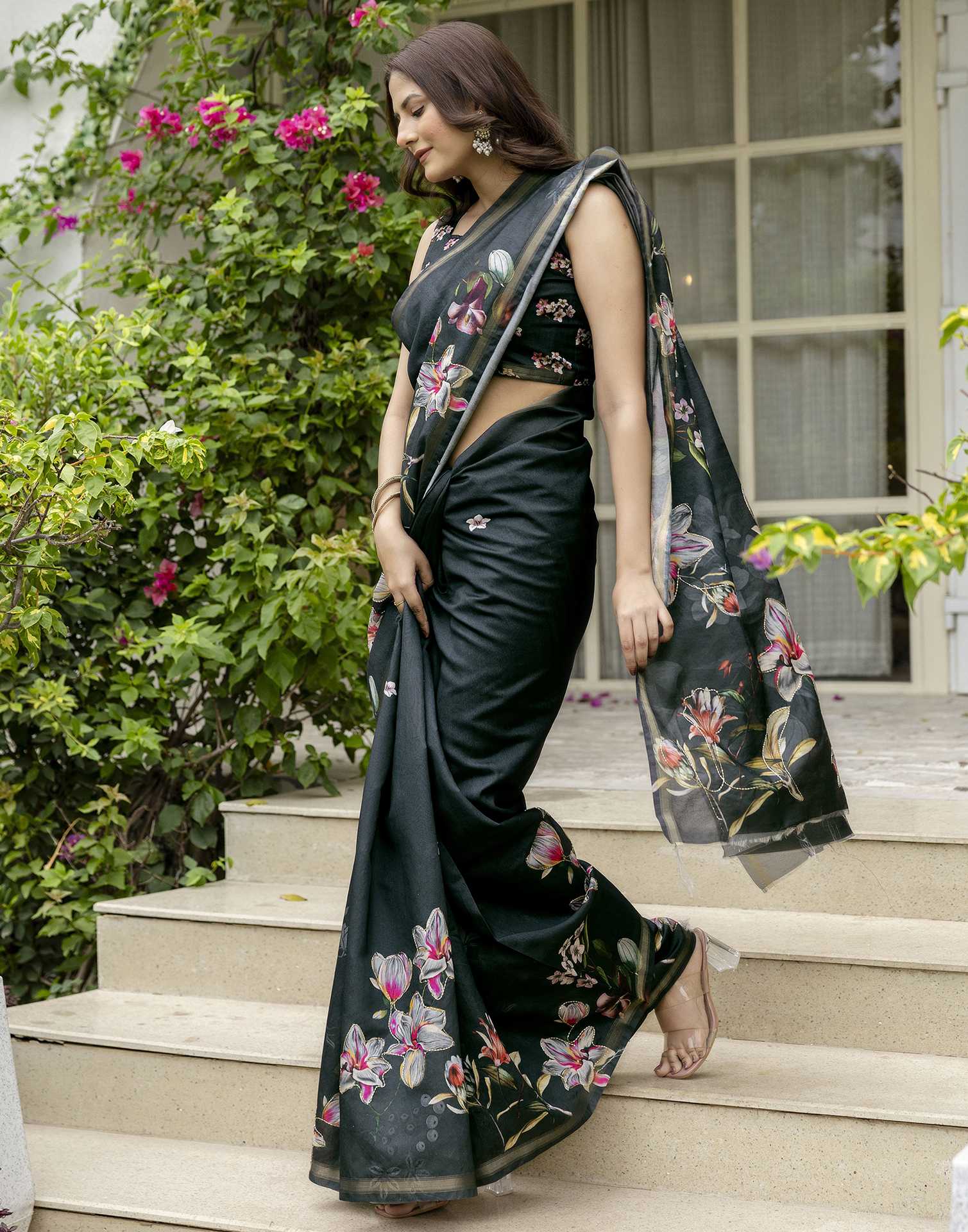 Dark Bottle Green Silk Floral Printed Saree