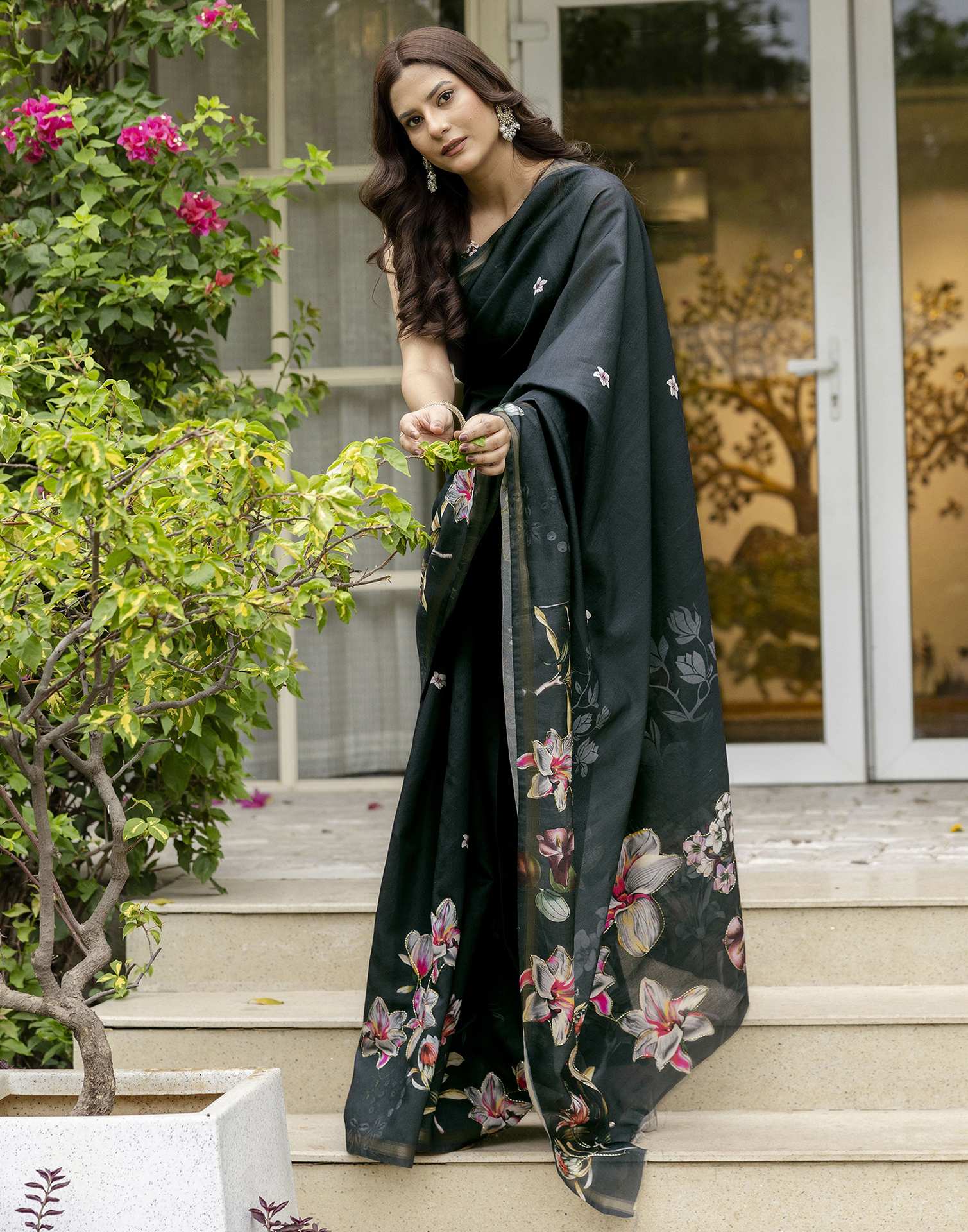 Dark Bottle Green Silk Floral Printed Saree