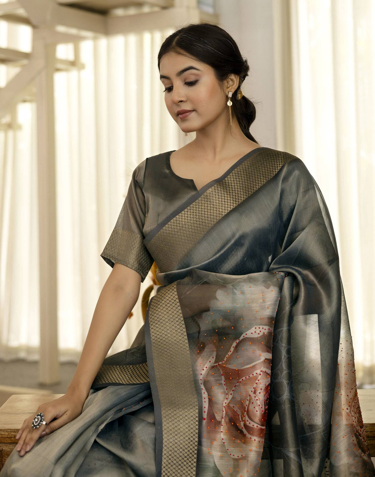 Grey Simmer Floral Printed Saree