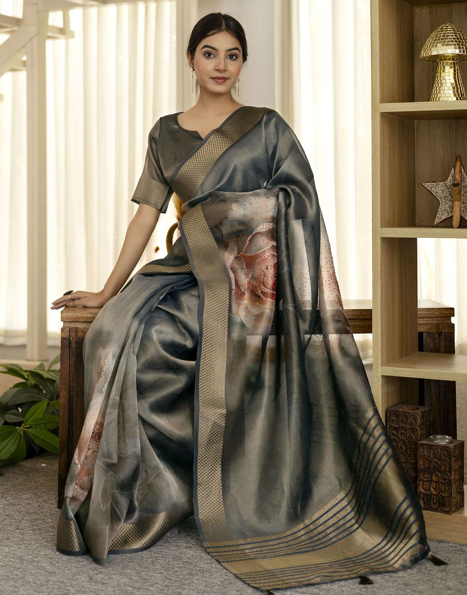 Grey Simmer Floral Printed Saree