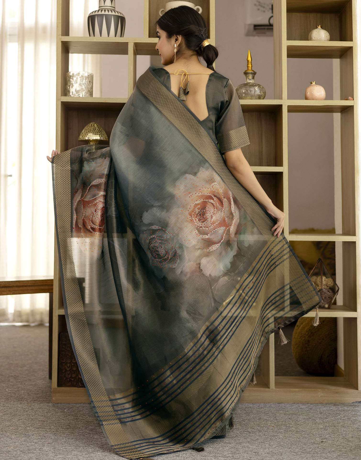 Grey Simmer Floral Printed Saree