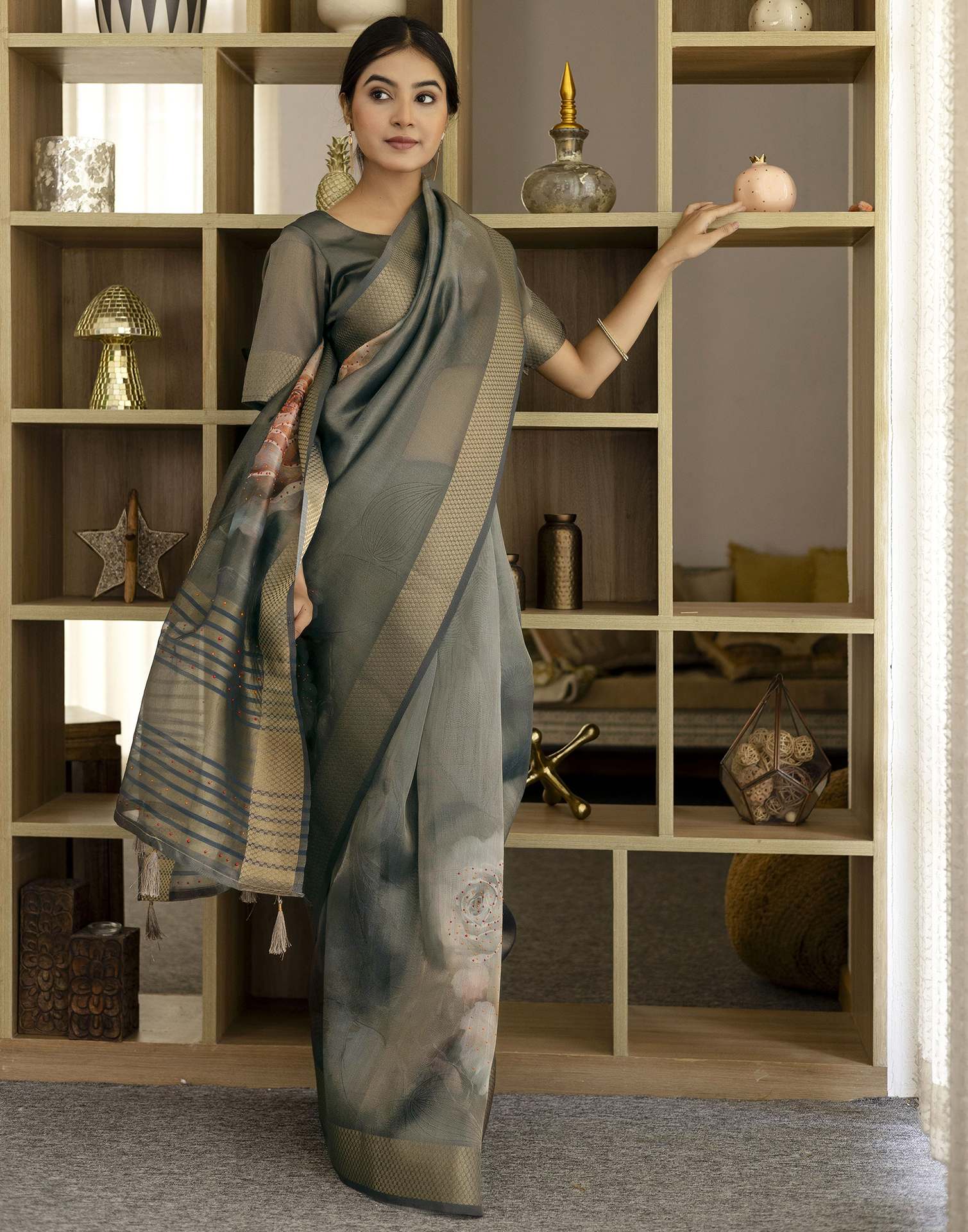 Grey Simmer Floral Printed Saree