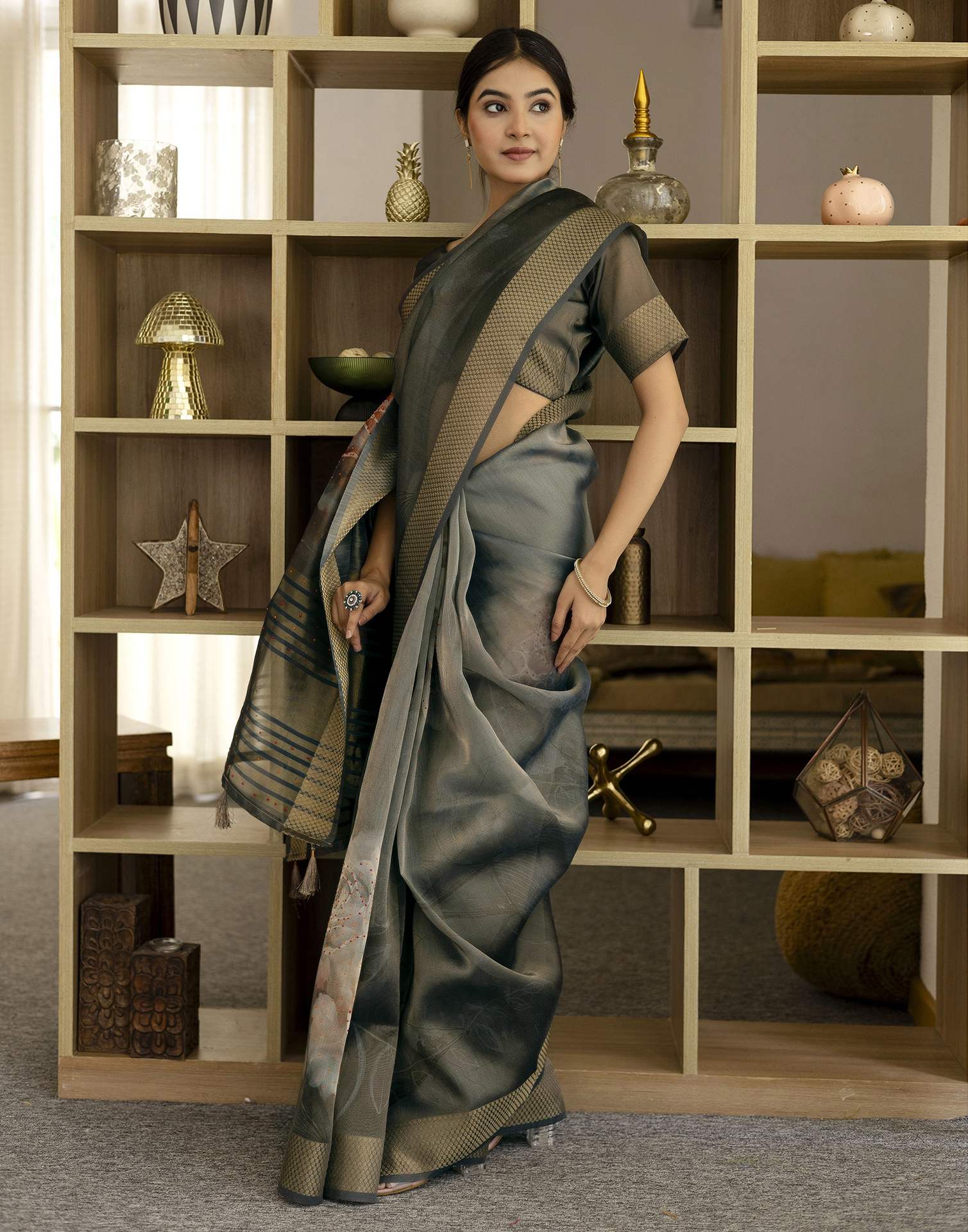 Grey Simmer Floral Printed Saree