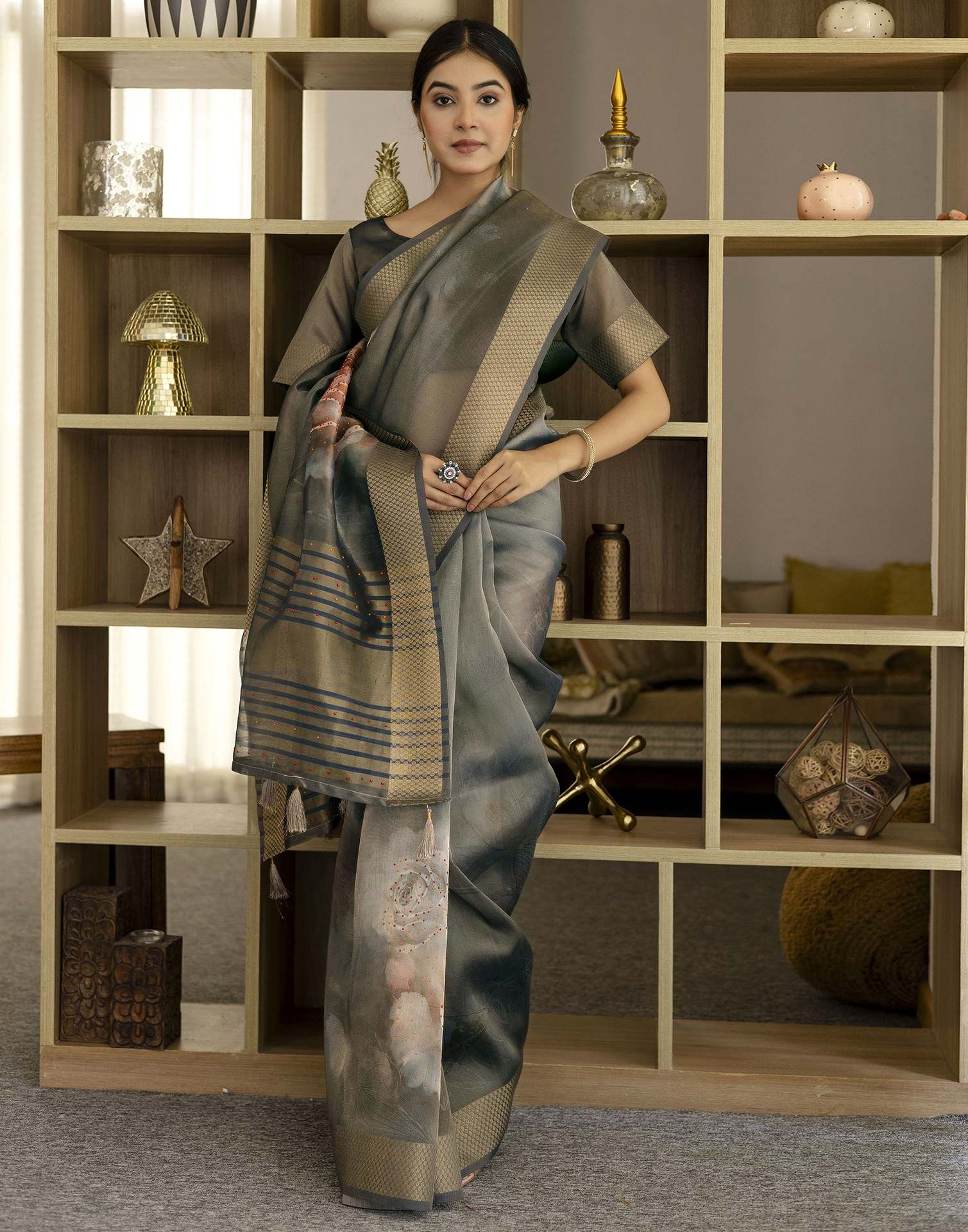 Grey Simmer Floral Printed Saree