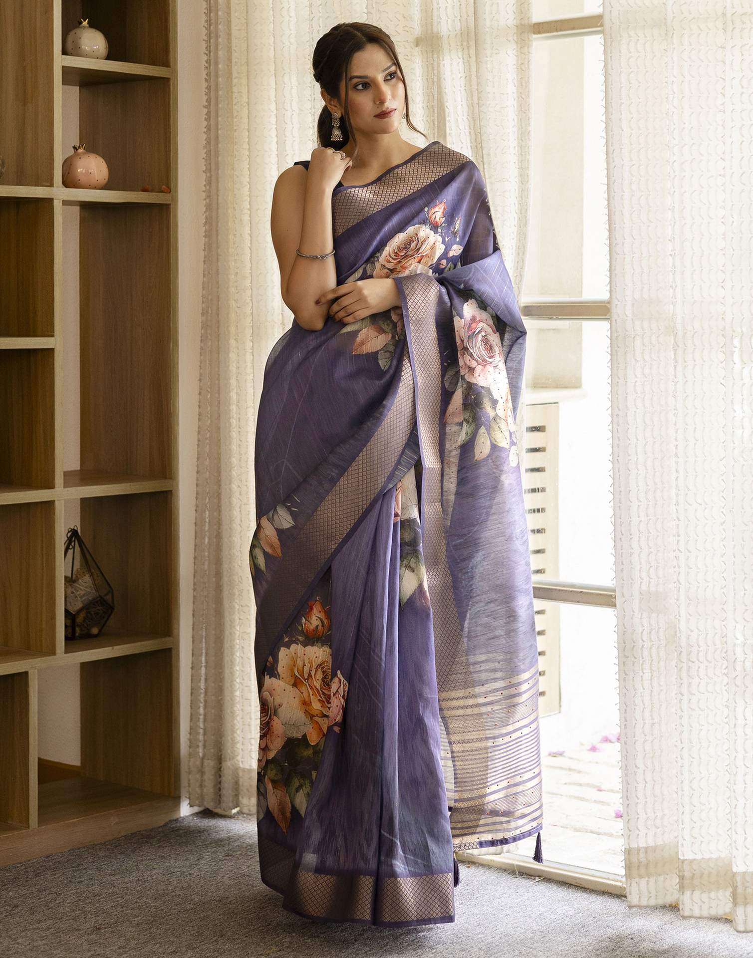 Dark PurPle Simmer Floral Printed Saree