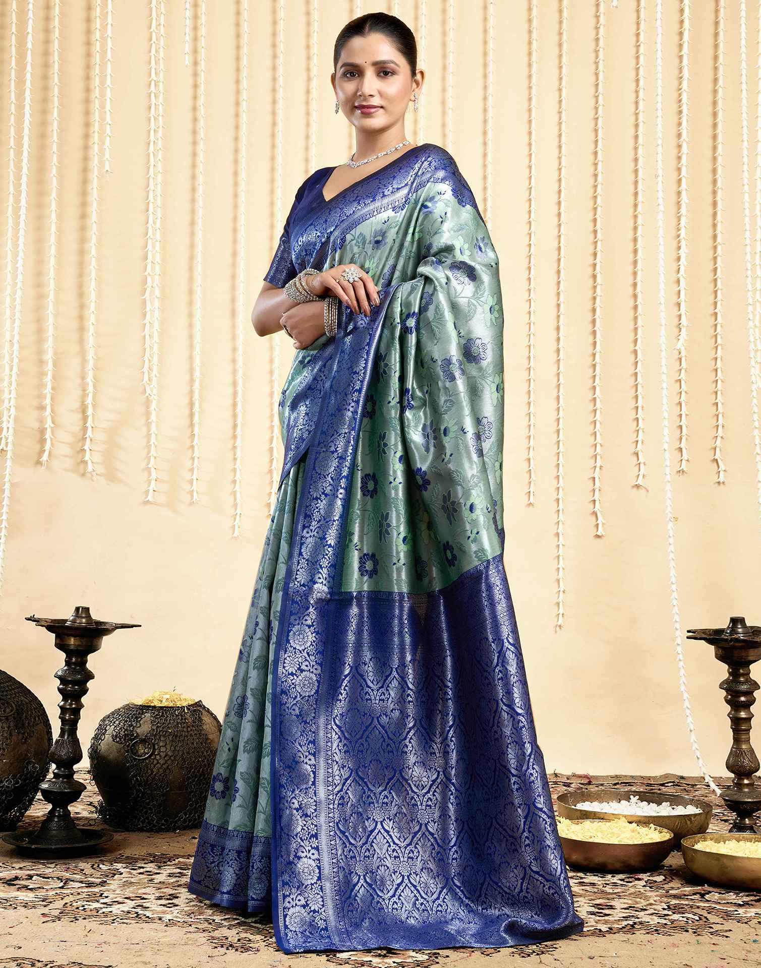Pista Green Silk Woven Saree