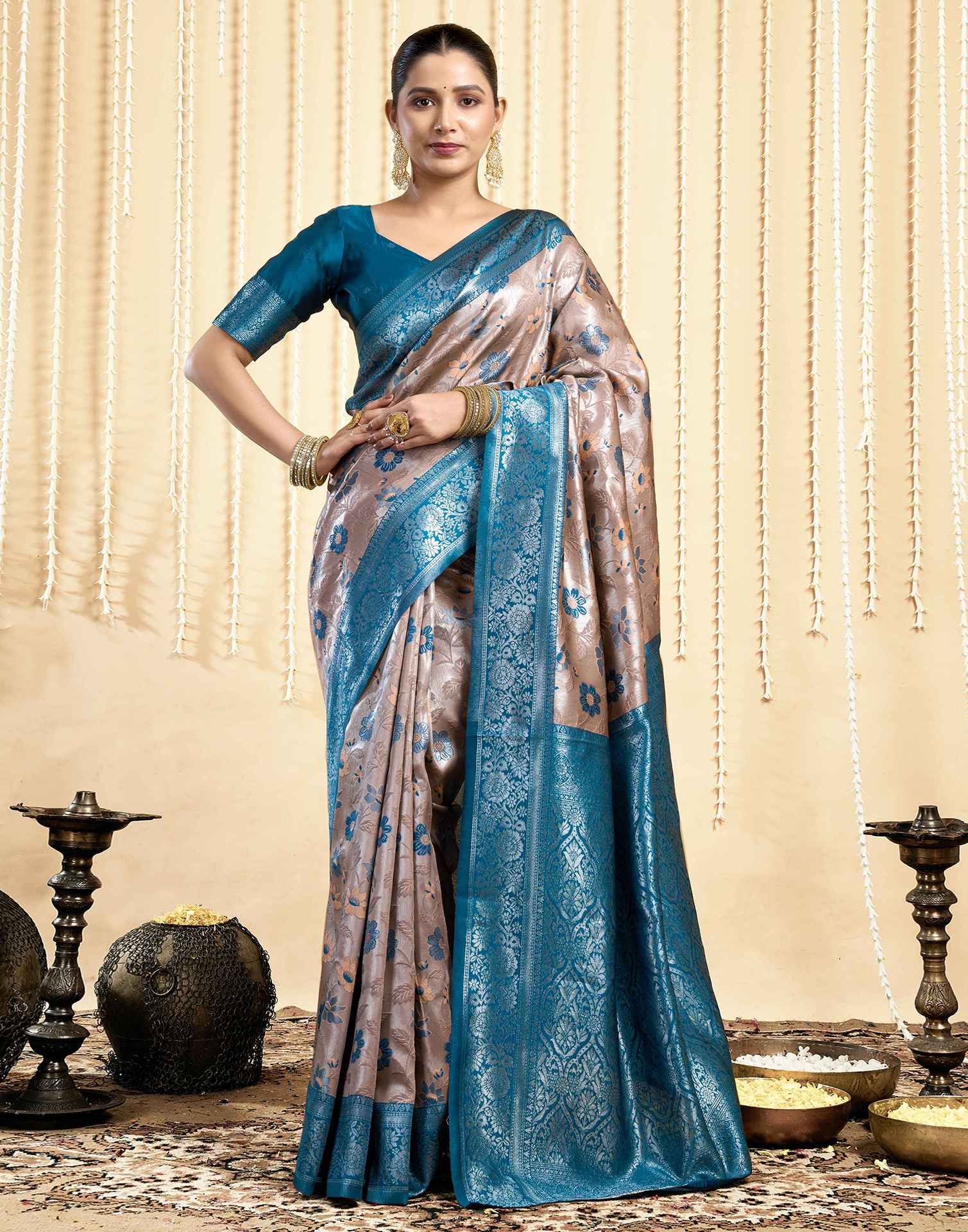 Dusty Beige Silk Woven Saree