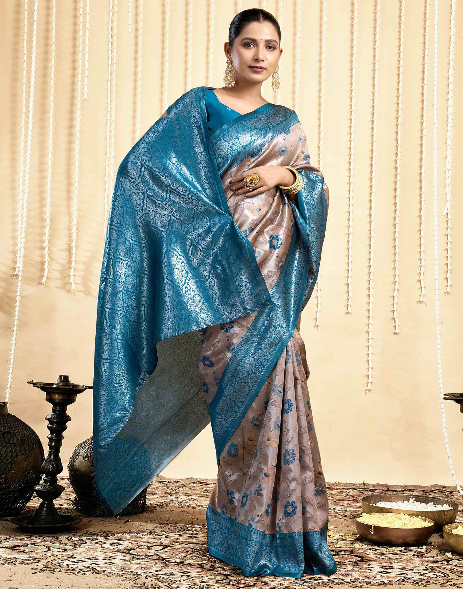 Dusty Beige Silk Woven Saree