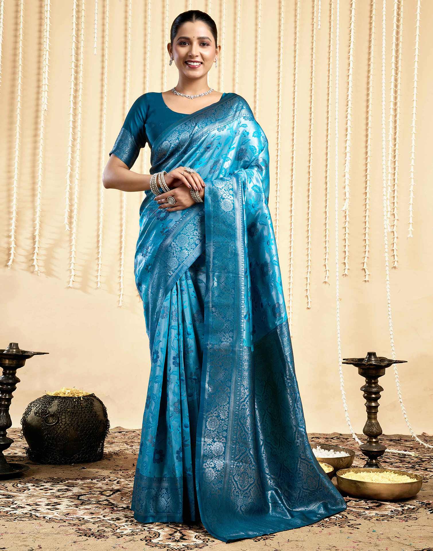 Turquoise Silk Woven Saree
