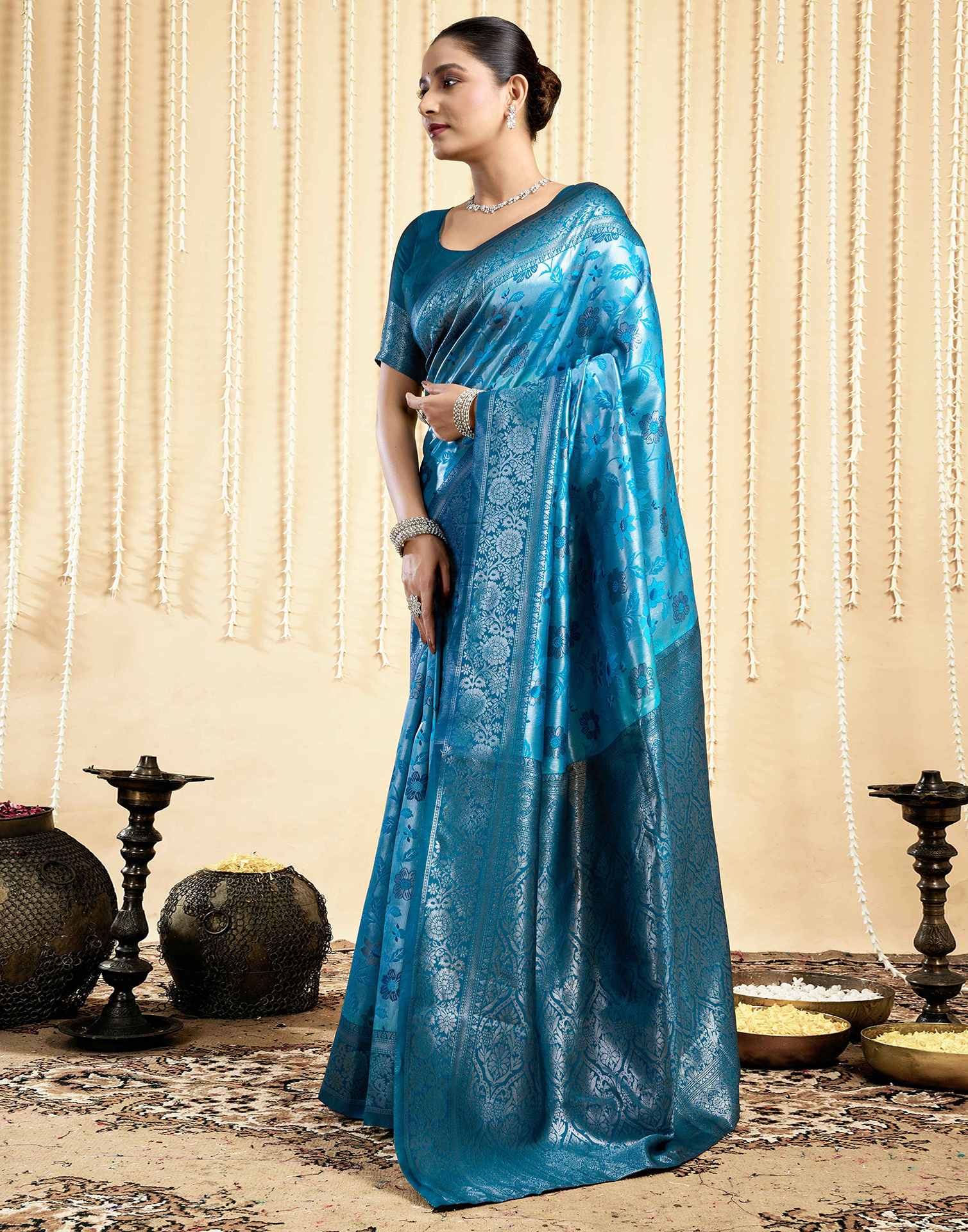 Turquoise Silk Woven Saree