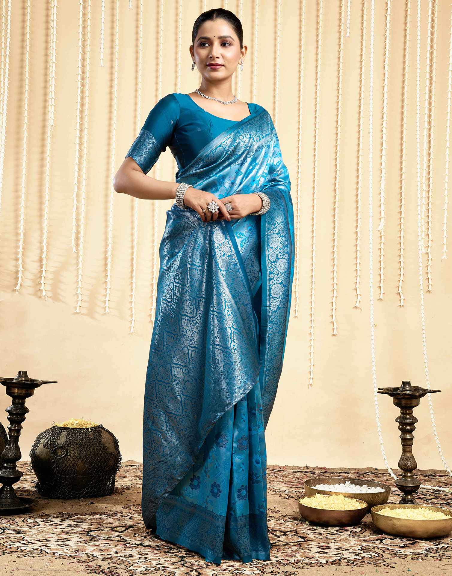 Turquoise Silk Woven Saree