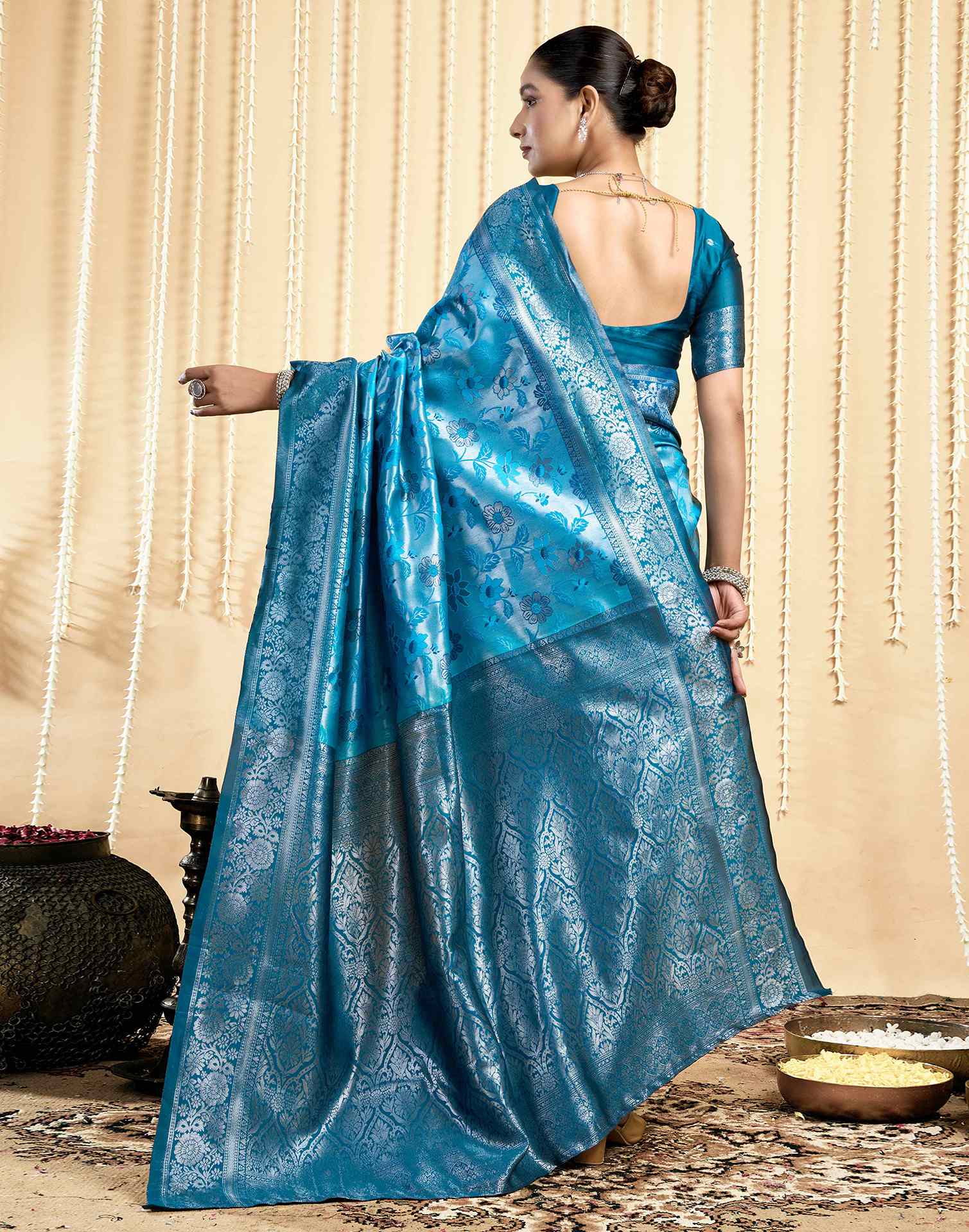 Turquoise Silk Woven Saree