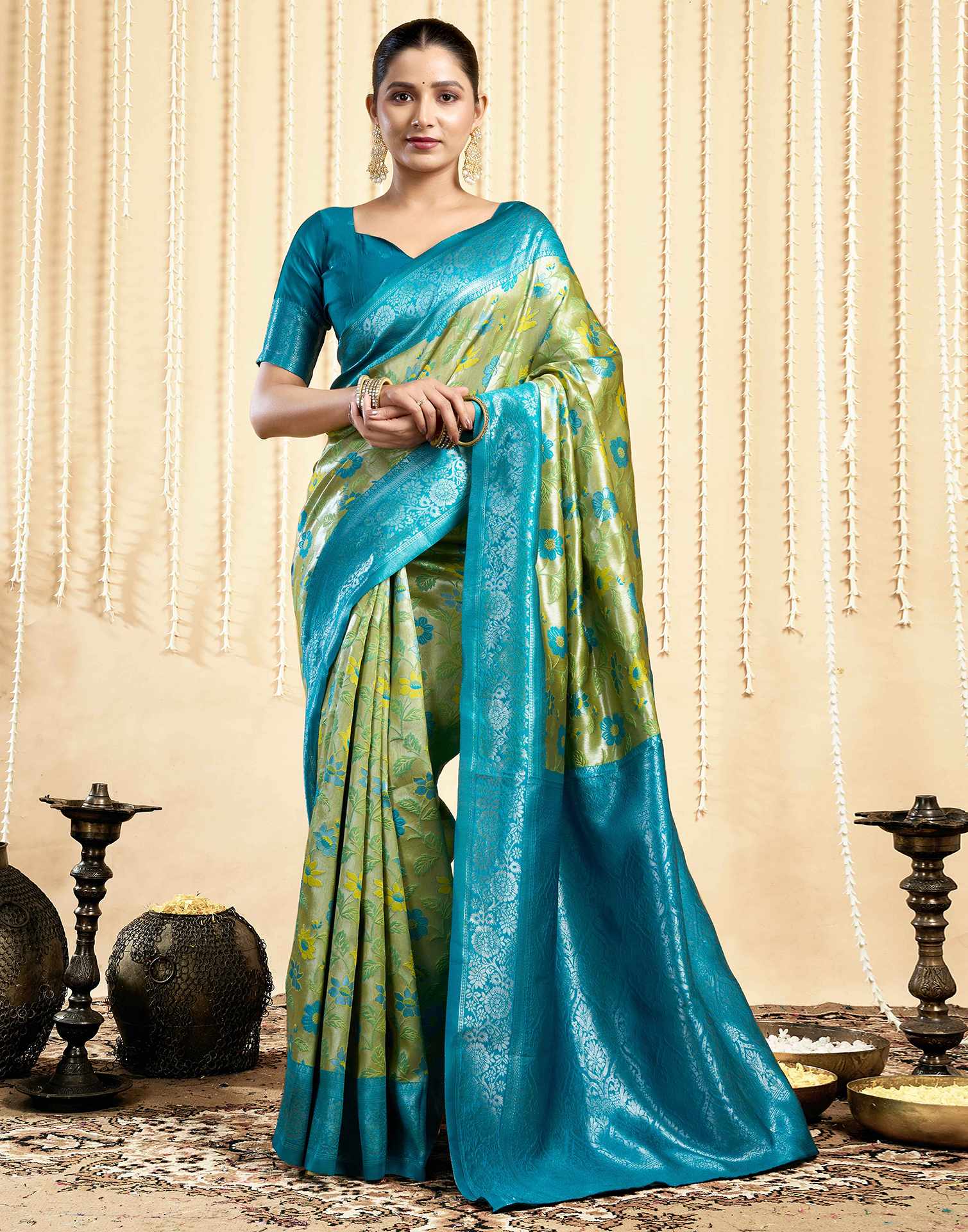 Parrot Green Silk Woven Saree