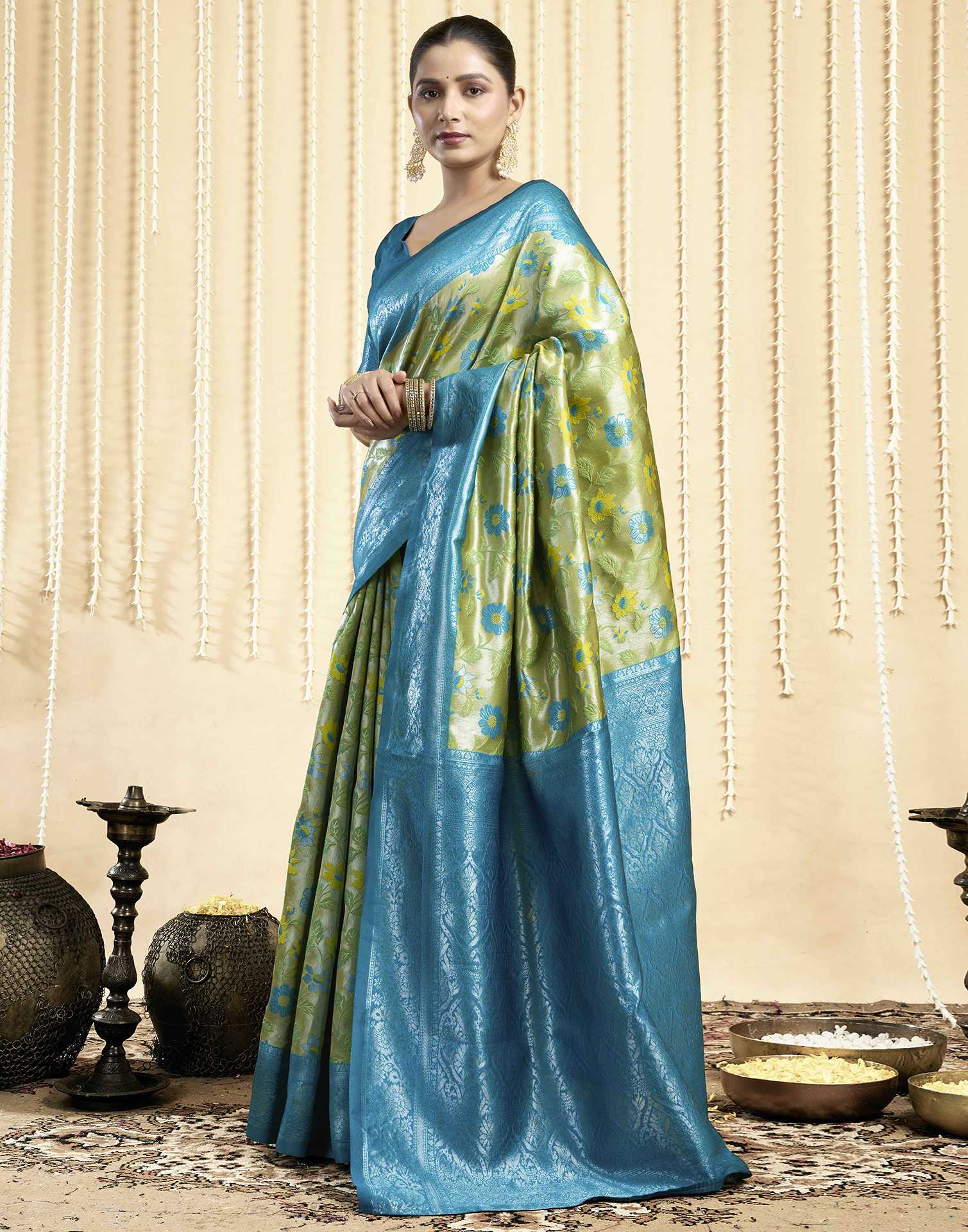 Parrot Green Silk Woven Saree