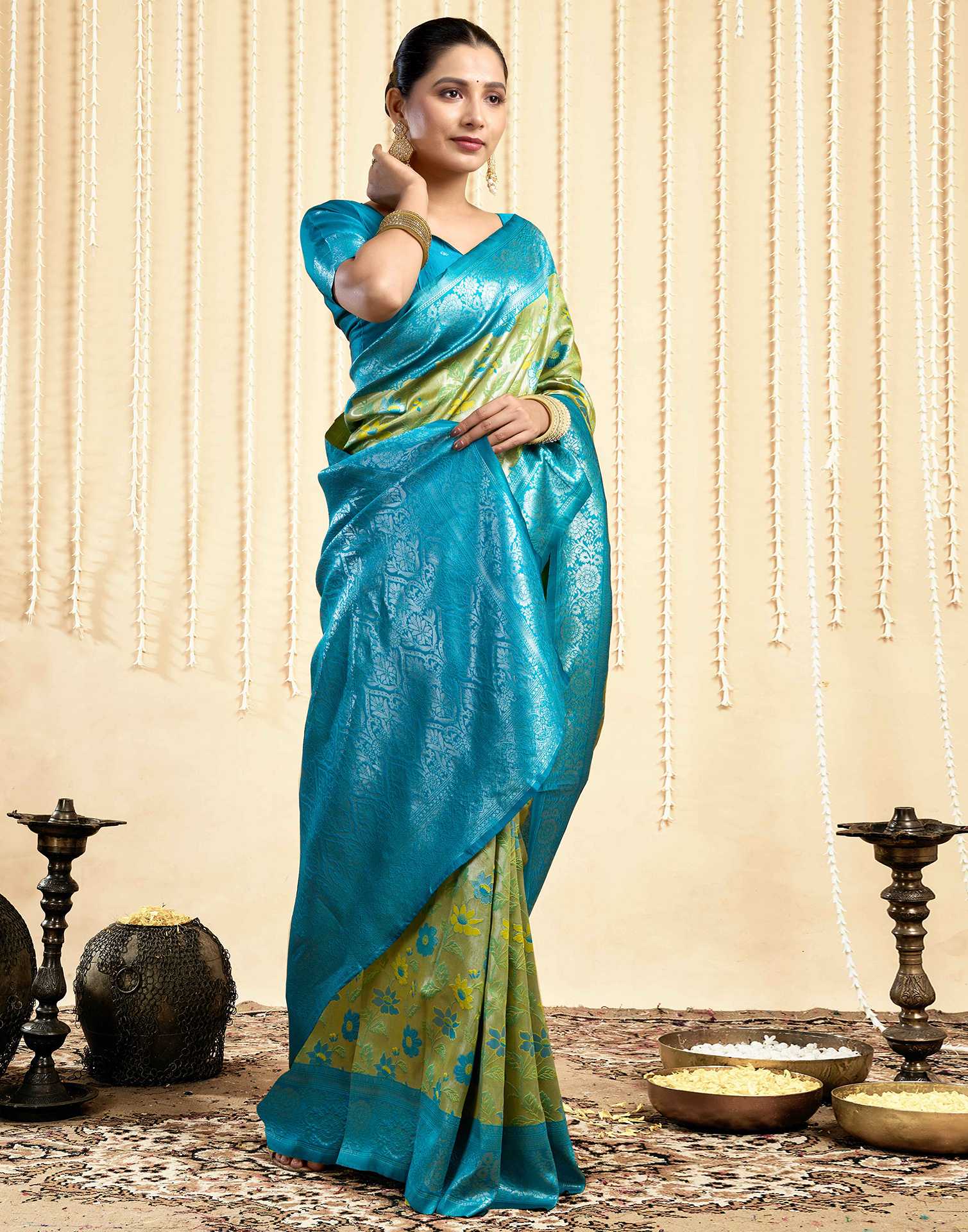 Parrot Green Silk Woven Saree