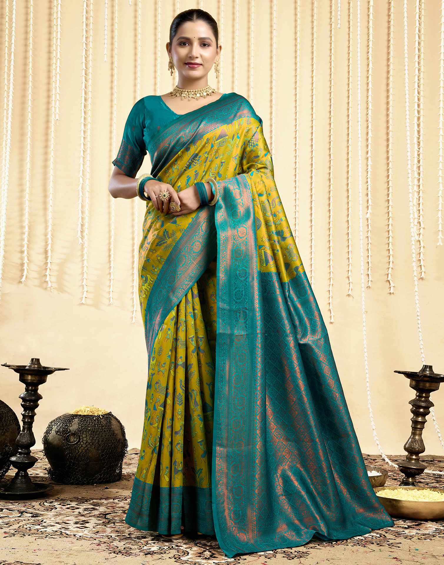 Parrot Green Silk Woven Saree