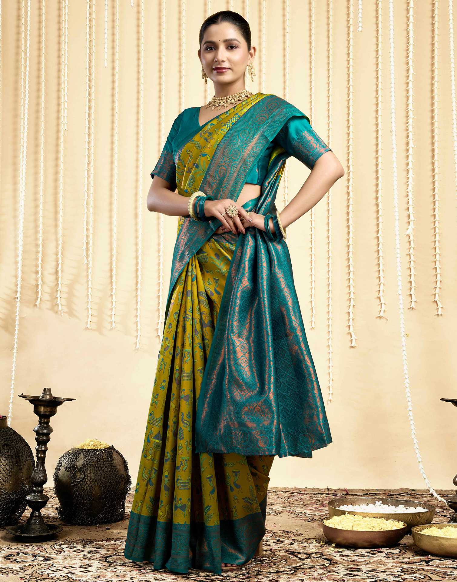 Parrot Green Silk Woven Saree