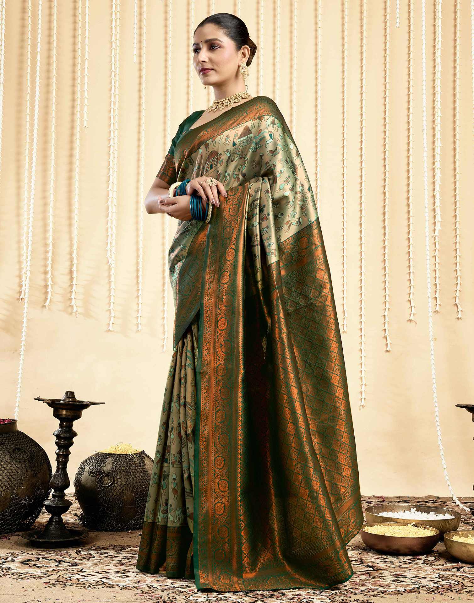 Pista Green Silk Woven Saree