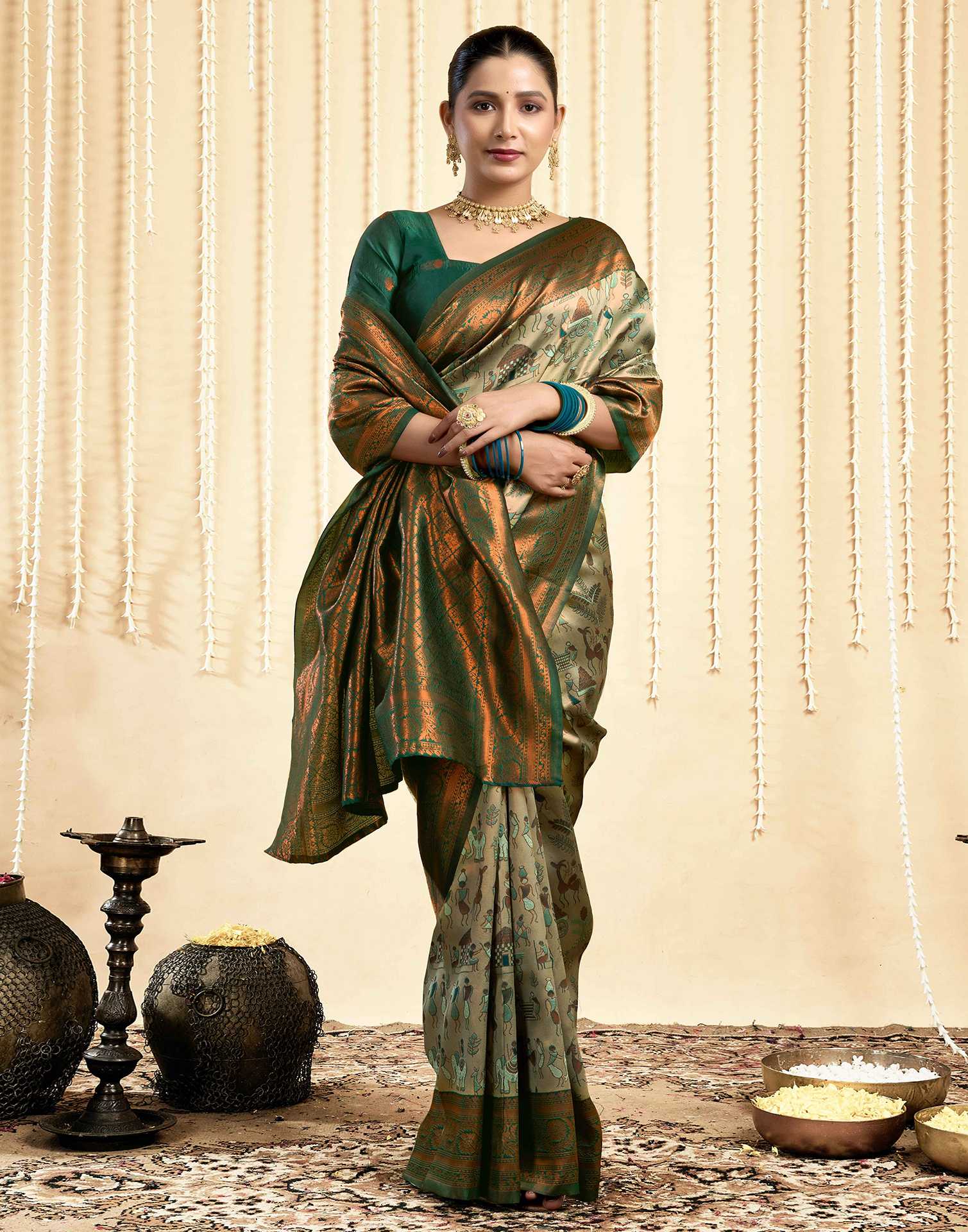Pista Green Silk Woven Saree