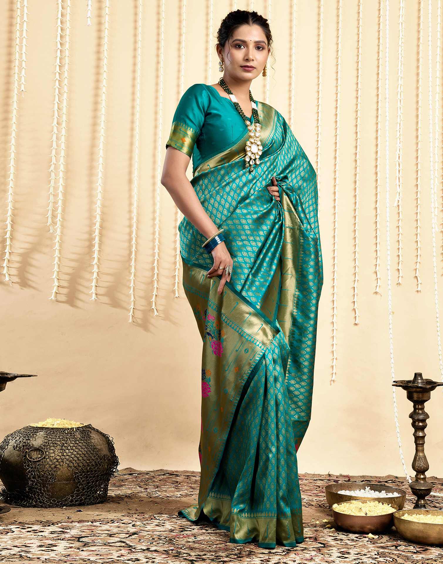 Teal Green Silk Woven Paithani Saree