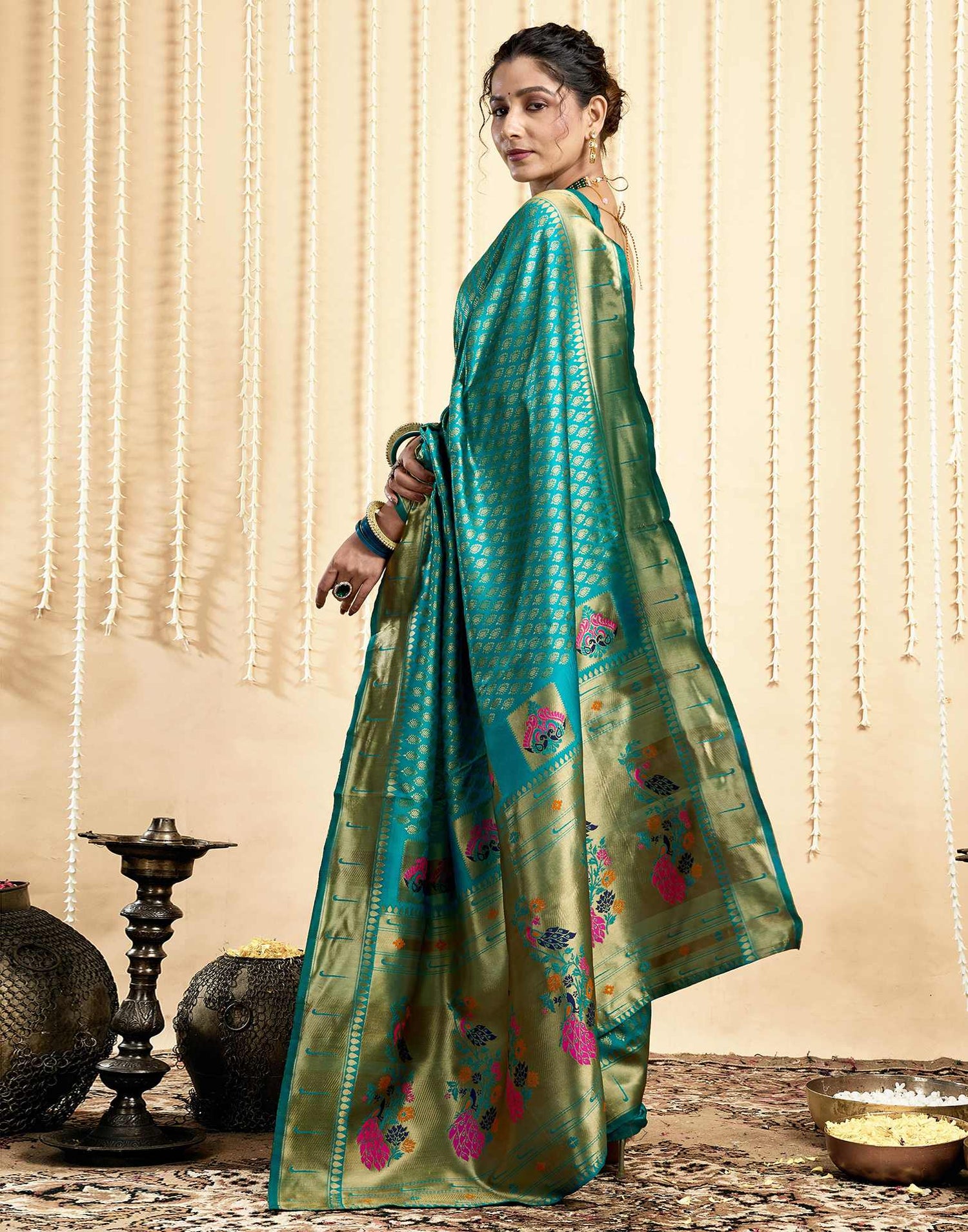 Teal Green Silk Woven Paithani Saree