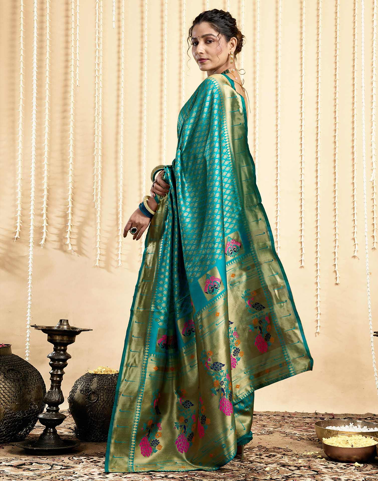 Teal Green Silk Woven Paithani Saree