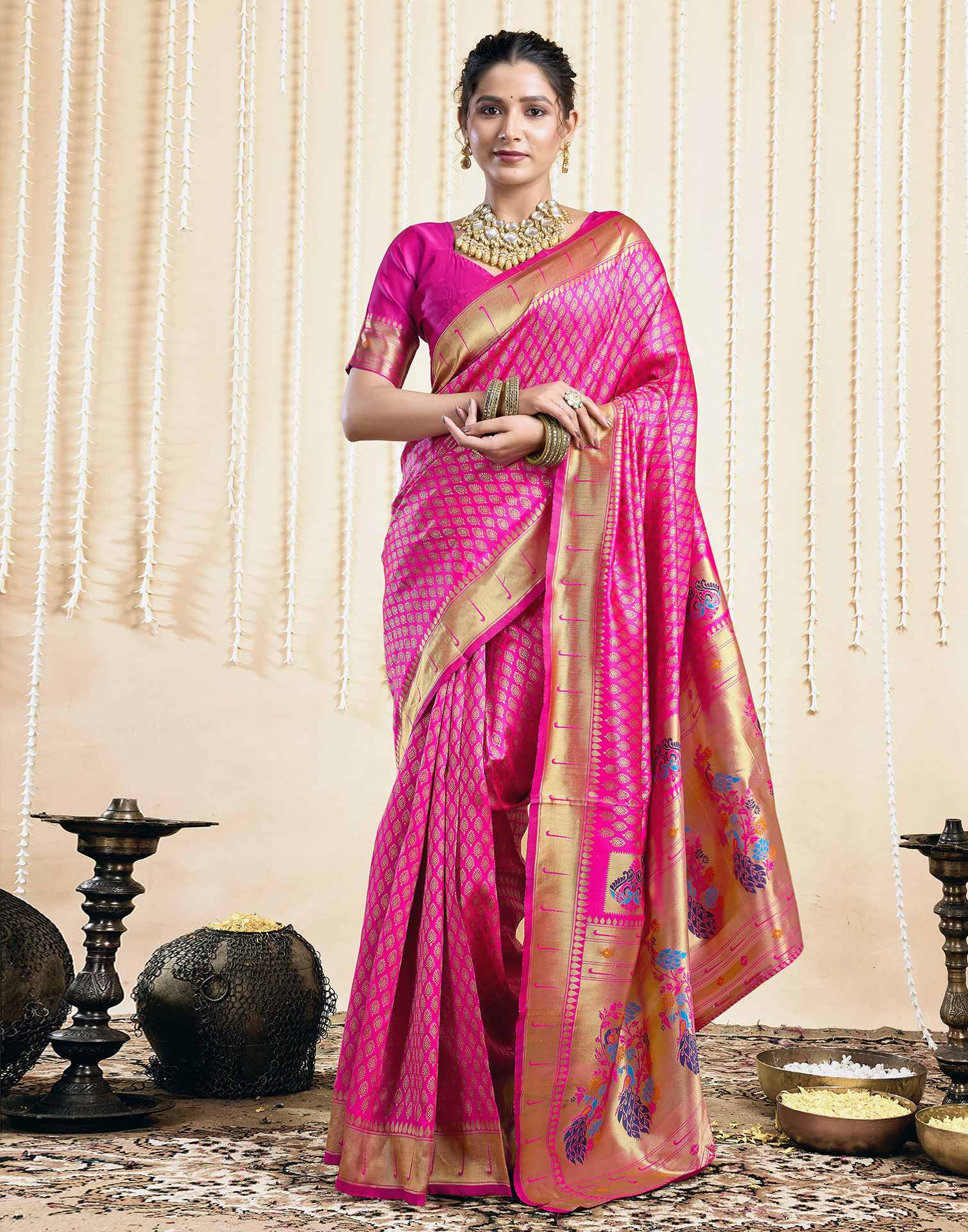 Bright Pink Silk Woven Paithani Saree